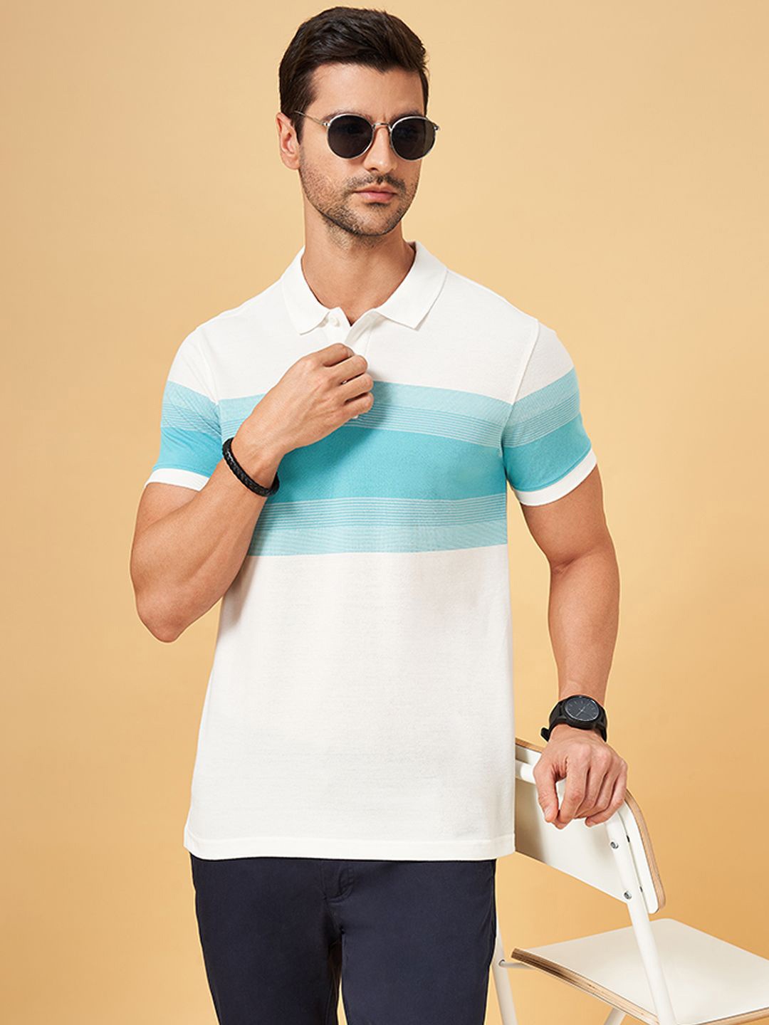 

BYFORD by Pantaloons Men Striped Polo Collar Slim Fit T-shirt, White
