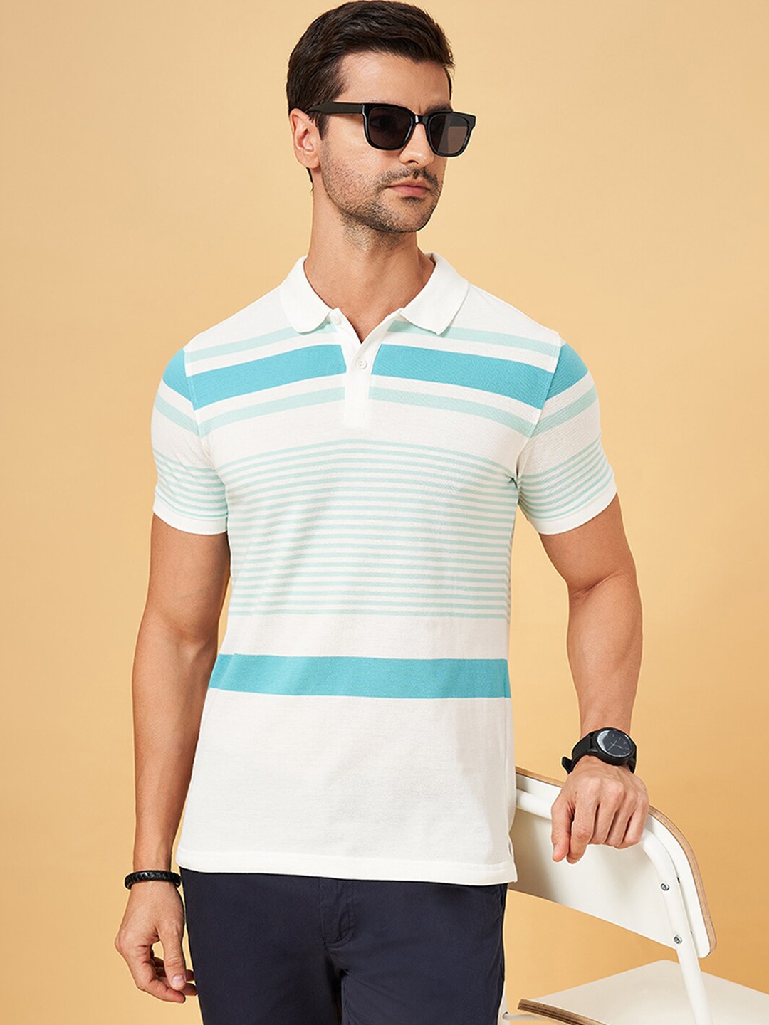 

BYFORD by Pantaloons Men Striped Polo Collar Slim Fit T-shirt, Blue