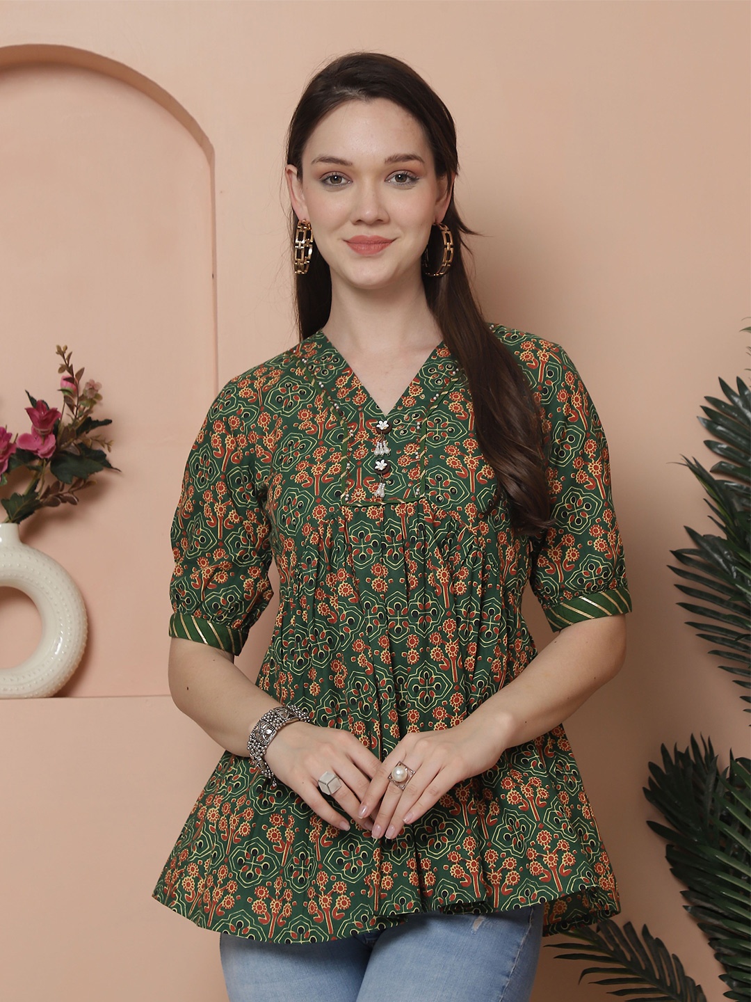 

Rajnandini Floral Print Ethnic Cotton Empire Top, Green