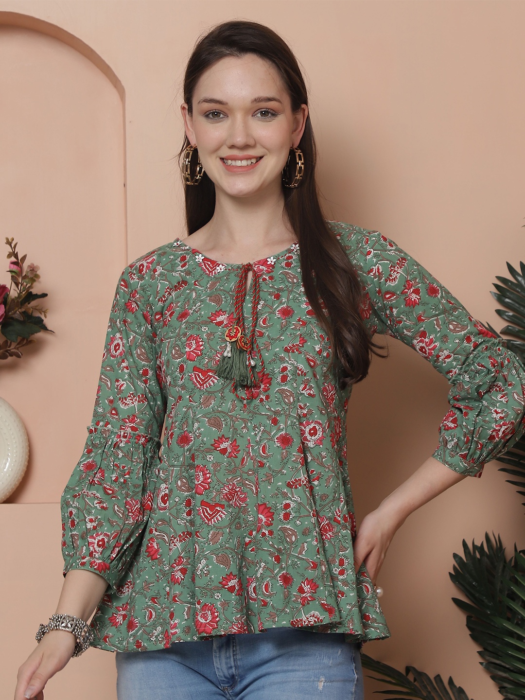 

Rajnandini Floral Print Tie-Up Neck Puff Sleeve Ethnic Cotton Top, Green