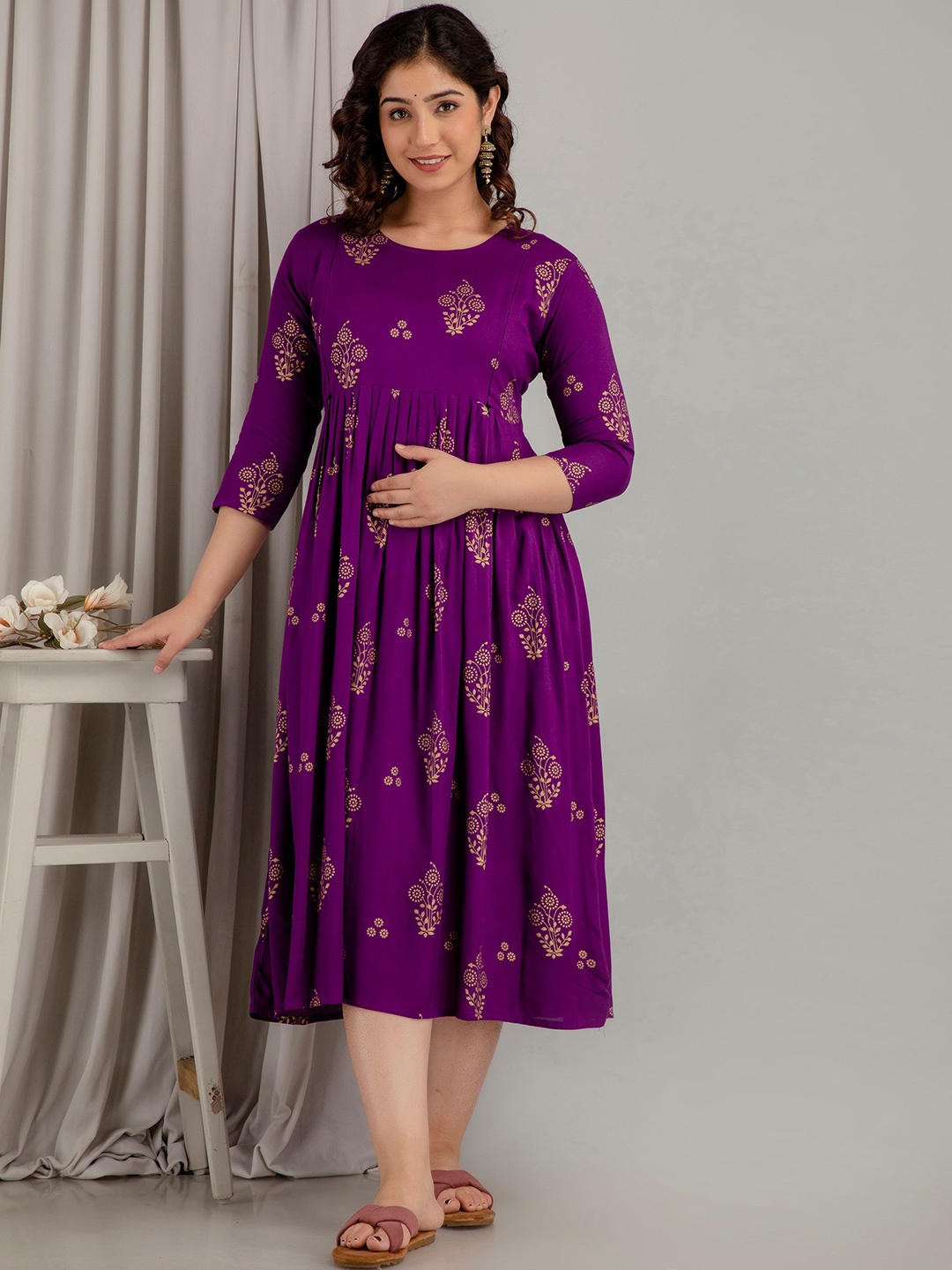 

Mialo fashion Ethnic Motifs Printed Maternity Fit & Flare Ethnic Midi Dress, Purple
