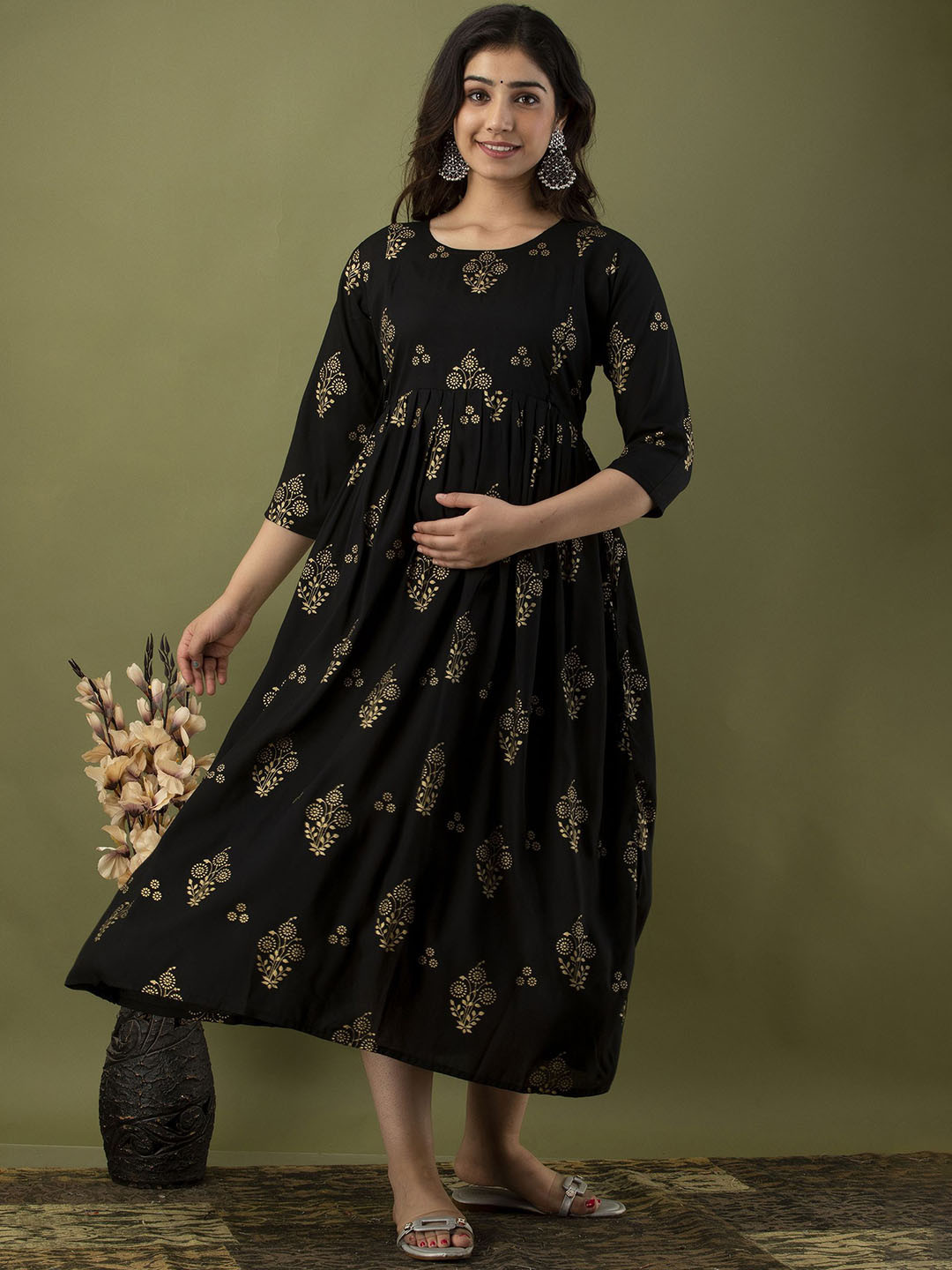 

Mialo fashion Women Floral Printed Maternity Feeding Ethnic Dresses, Black