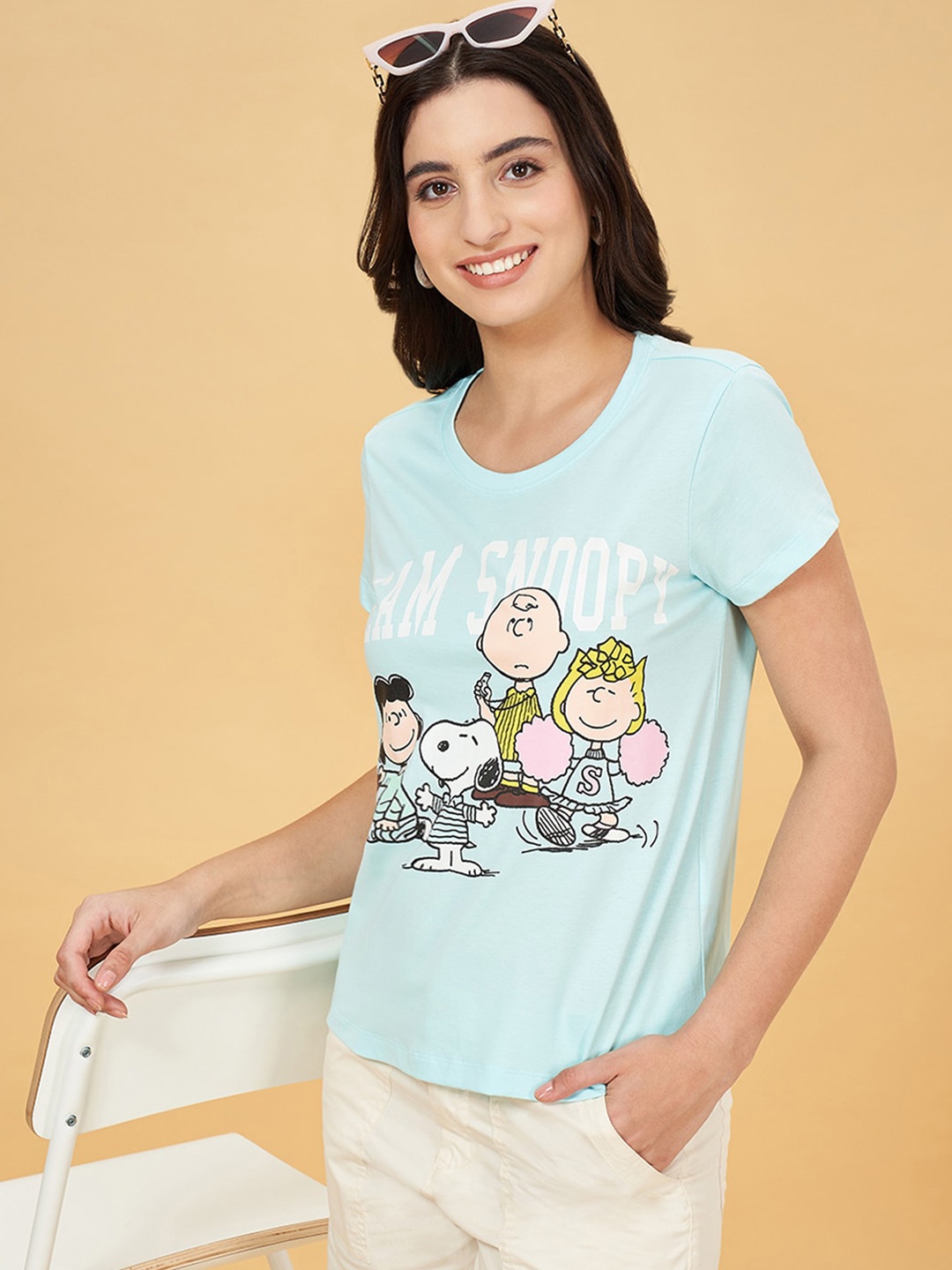 

Honey by Pantaloons Women Printed Extended Sleeves Applique T-shirt, Blue