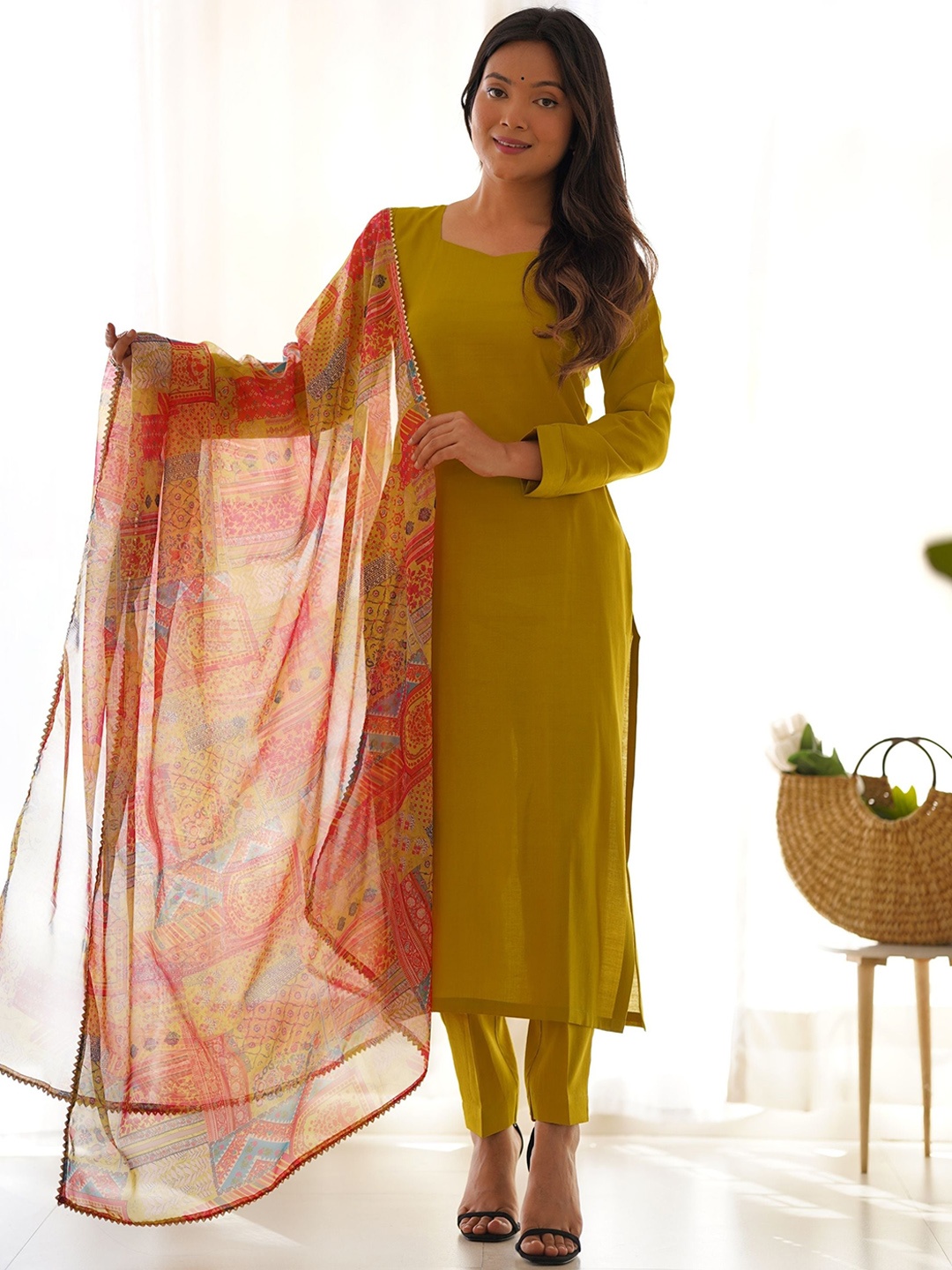 

NIZA FASHION Women Regular Pure Cotton Kurta with Trousers & With Dupatta, Mustard