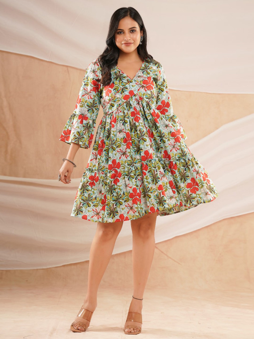 

VASANT APPAREL Floral Print Bell Sleeve A-Line Dress, Multi