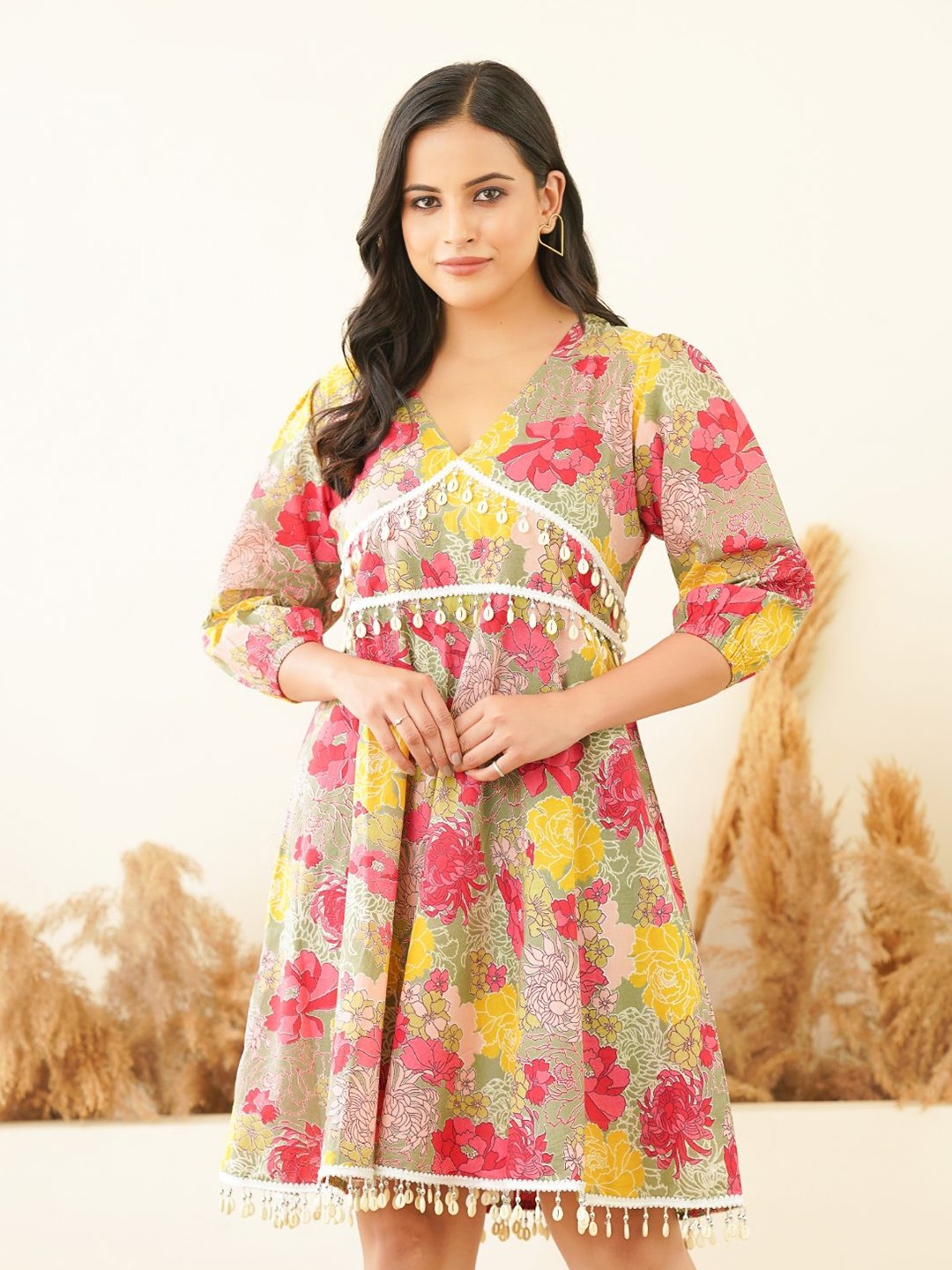 

VASANT APPAREL Floral Print Puff Sleeve Fit & Flare Dress, Multi