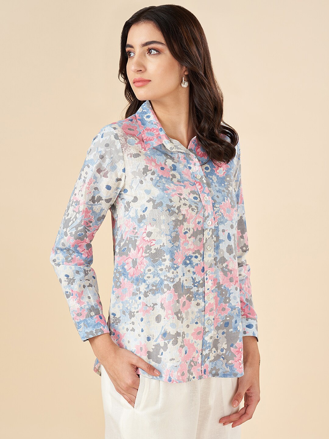 

AKKRITI BY PANTALOONS Floral Printed Shirt Collar Pure Cotton Tunic, Blue