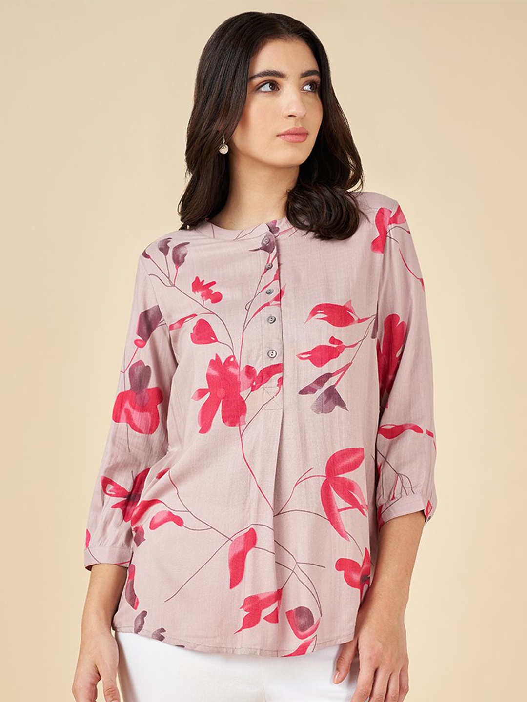 

AKKRITI BY PANTALOONS Floral Print Mandarin Collar Printed Tunic, Pink