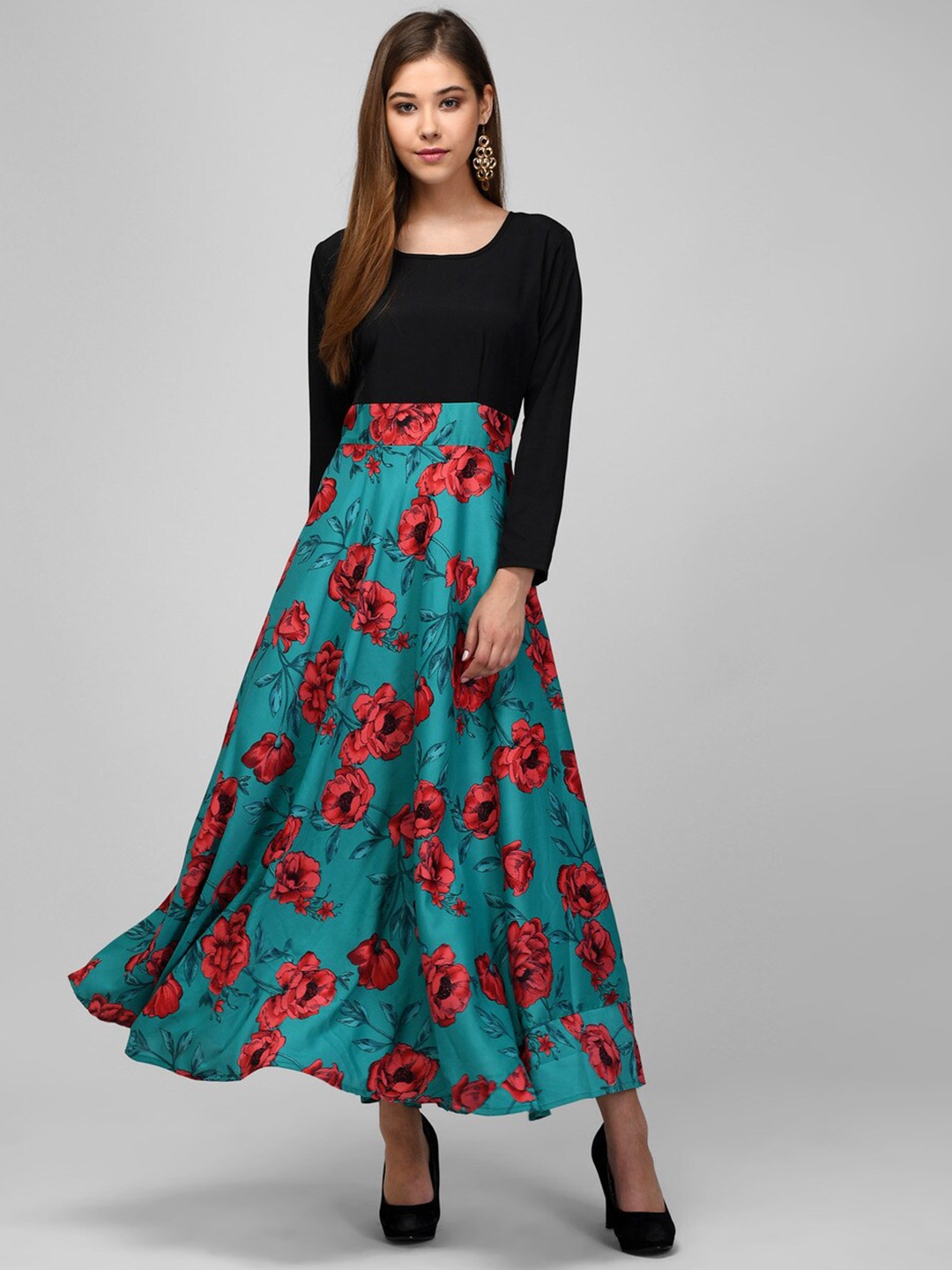 

Raabta Fashion Floral Print Crepe Maxi Fit and Flare Dress, Black