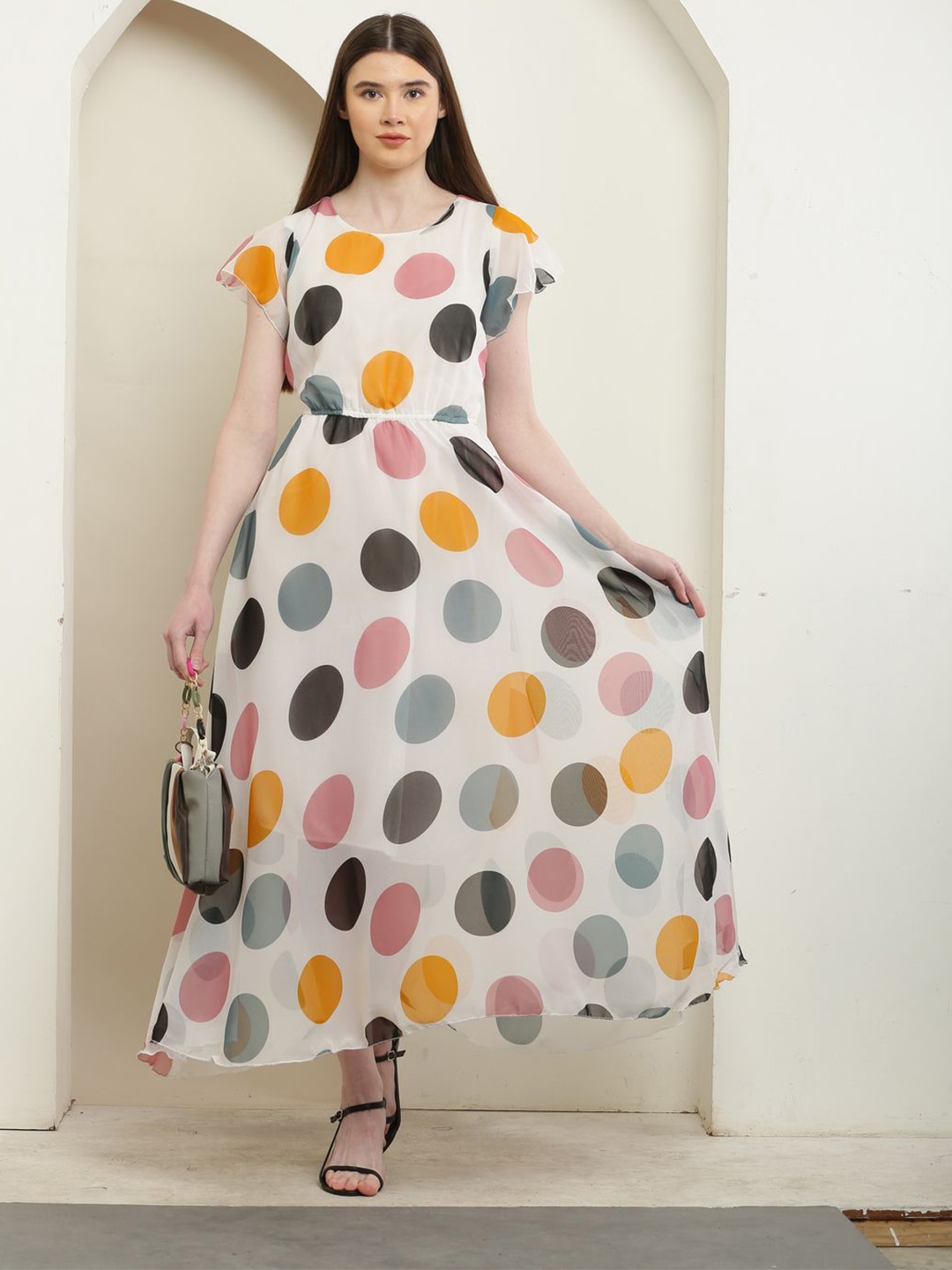 

Raabta Fashion Polka Dot Print Maxi Fit and Flare Dress, Multi