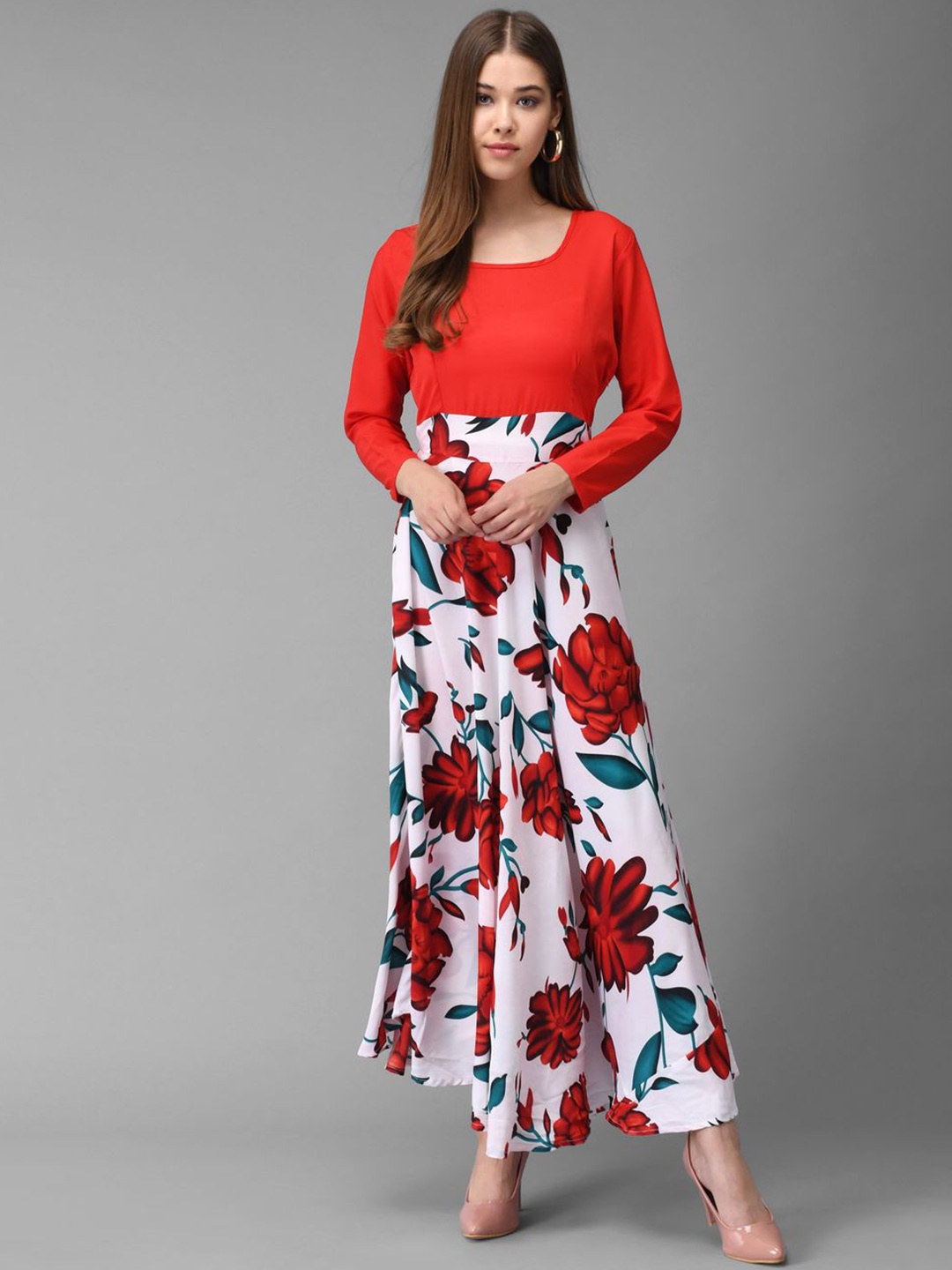 

Raabta Fashion Floral Print Crepe Maxi Fit and Flare Dress, Red