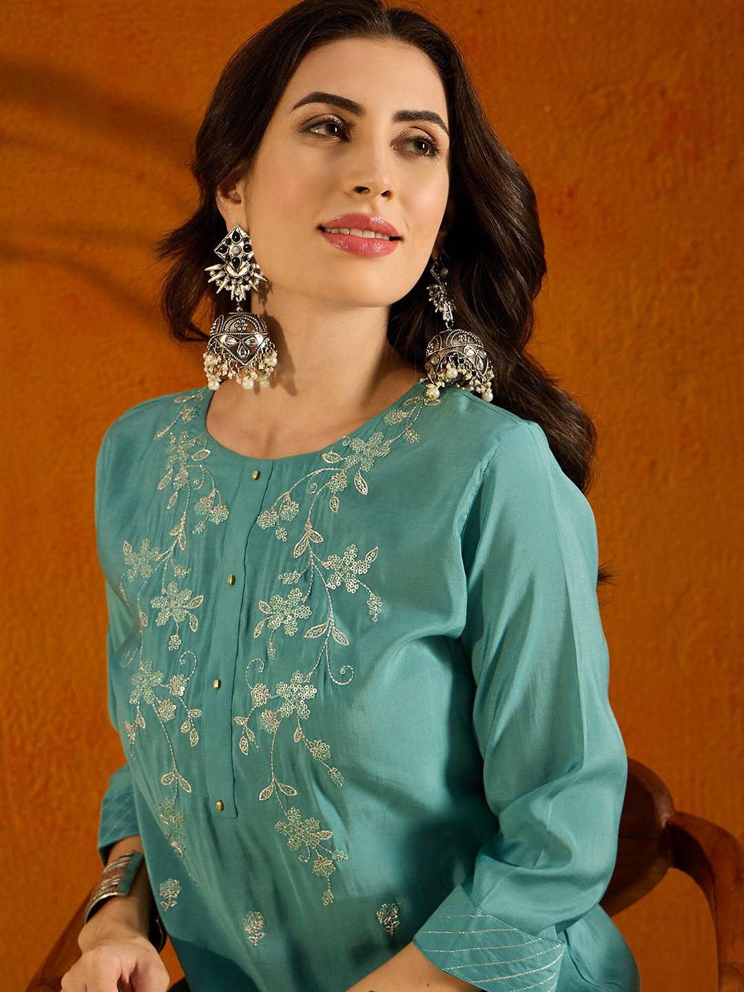 

Anouk Blue Floral Embroidered Zari Work Sequinned Silk Blend Kurta With Trousers