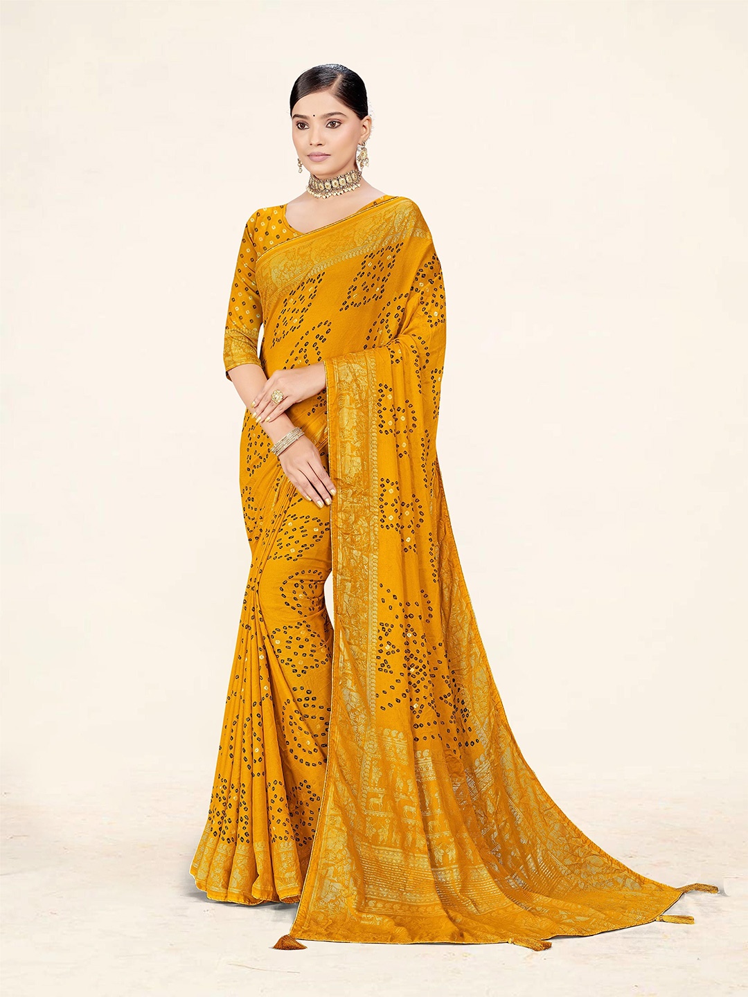 

TINA FASHION Bandhani Zari Brasso Bagru Saree, Mustard