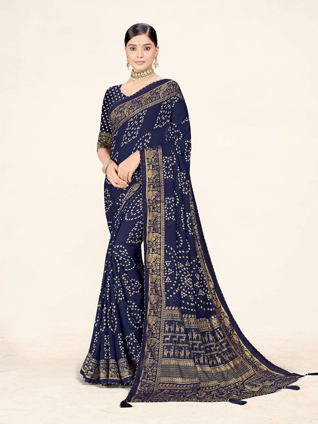 

TINA FASHION Bandhani Brasso Bandhani Saree, Navy blue