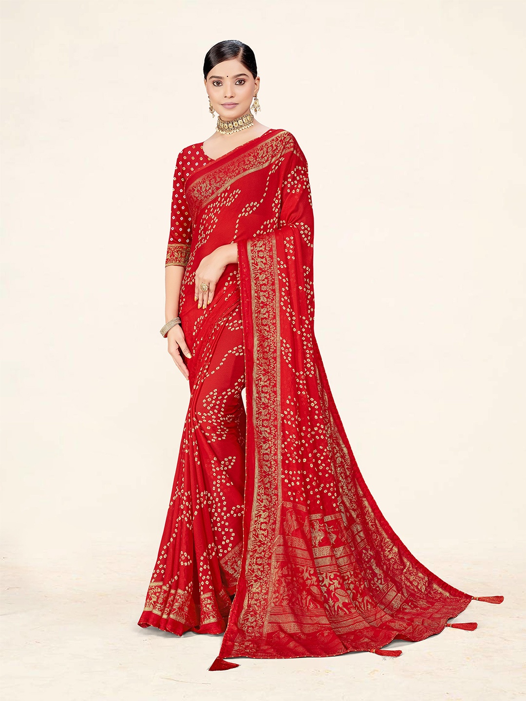 

TINA FASHION Bandhani Print Brasso Bandhani Saree, Red