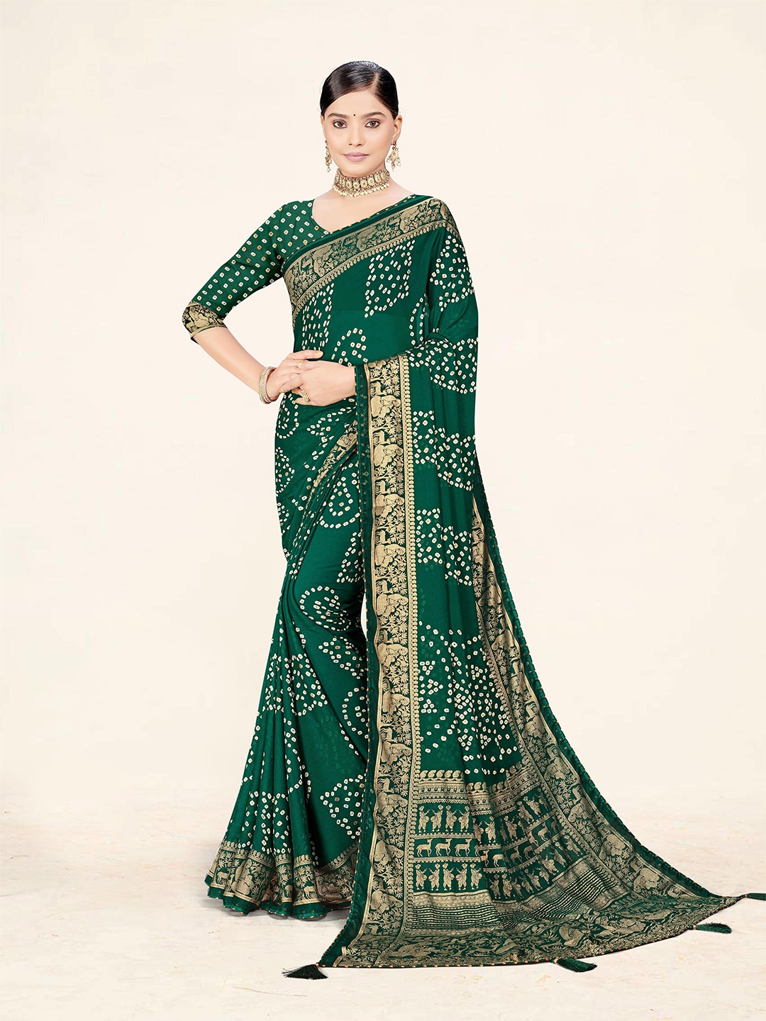 

TINA FASHION Bandhani Zari Brasso Bandhani Saree, Sea green