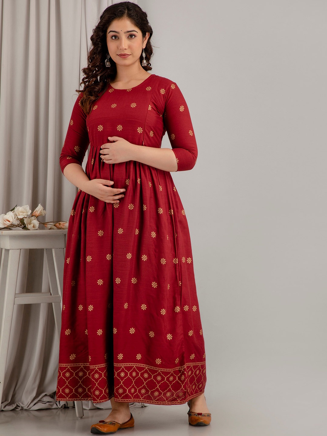 

Mialo fashion Printed Gown Maxi Maternity Feeding Ethnic Dresses, Maroon