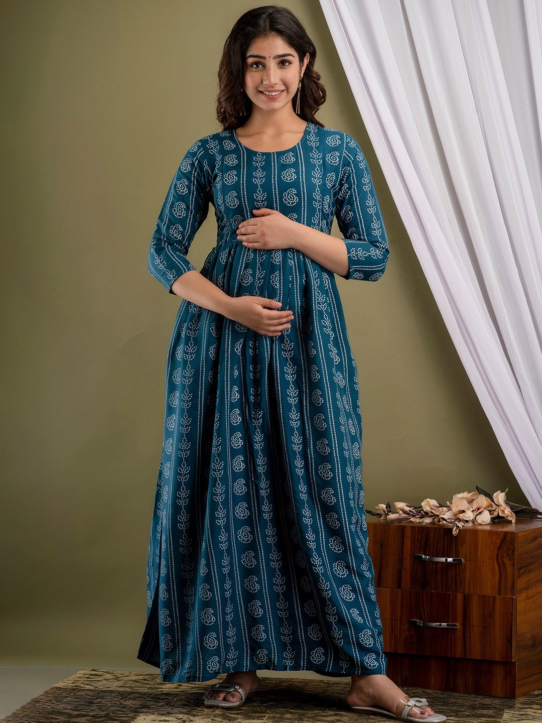 

Mialo fashion Bandhani Printed Maternity Ethnic Maxi Dress, Teal