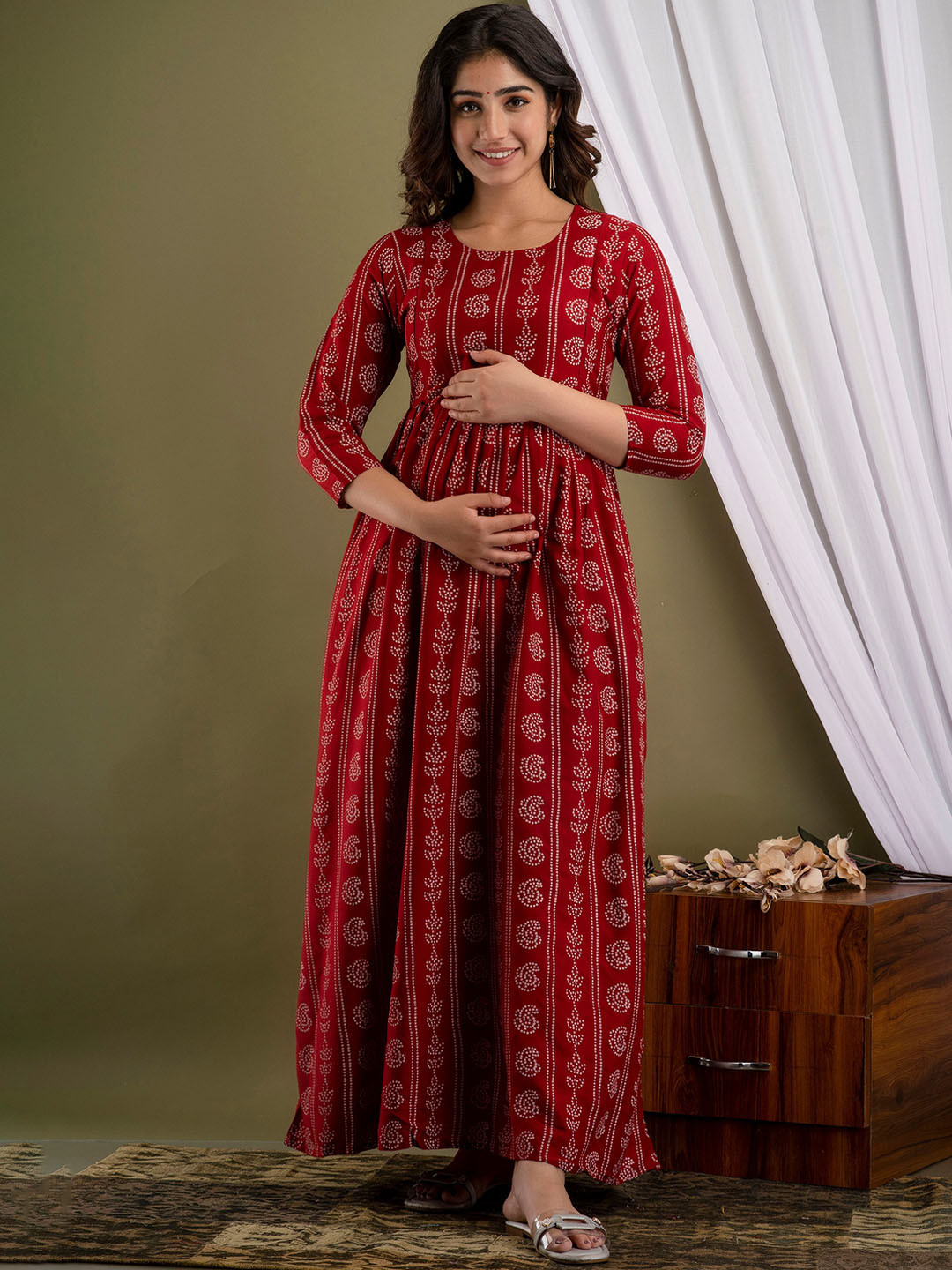 

Mialo fashion Printed Gown Maxi Maternity Feeding Ethnic Dresses, Maroon