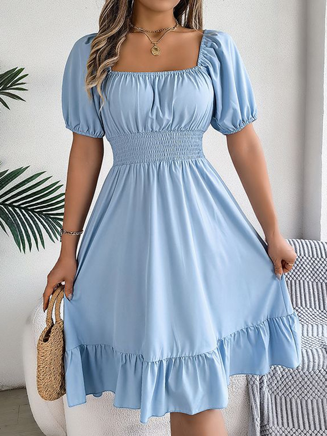 

StyleCast x Revolte Puff Sleeve Layered Fit & Flare Maxi Dress, Blue