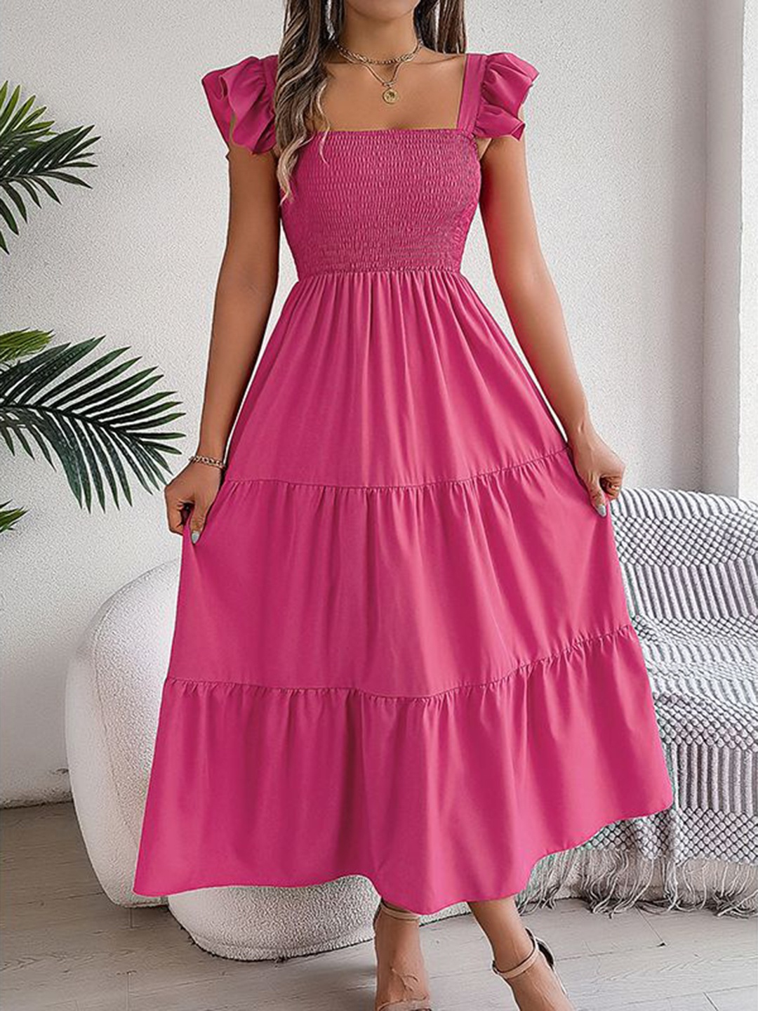 

StyleCast x Revolte Smocked Tiered Fit and Flare Maxi Dress, Fuchsia