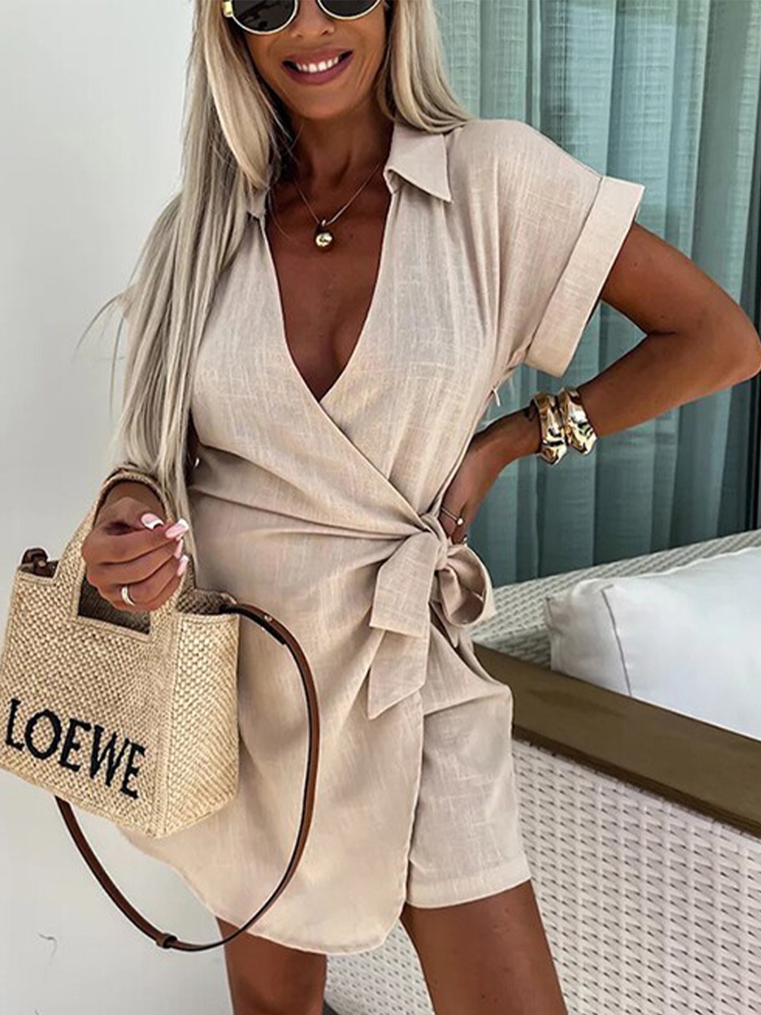 

StyleCast x Revolte Women V-neck Wrap Dress, Beige