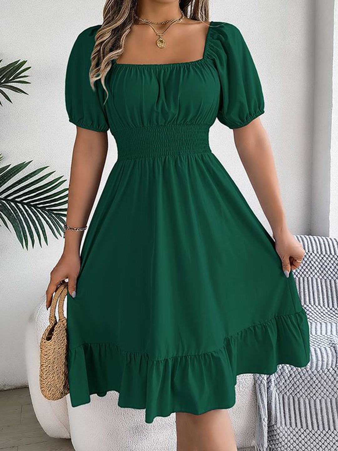 

StyleCast x Revolte Women Puff Sleeve Layered Fit & Flare Midi Dress, Green