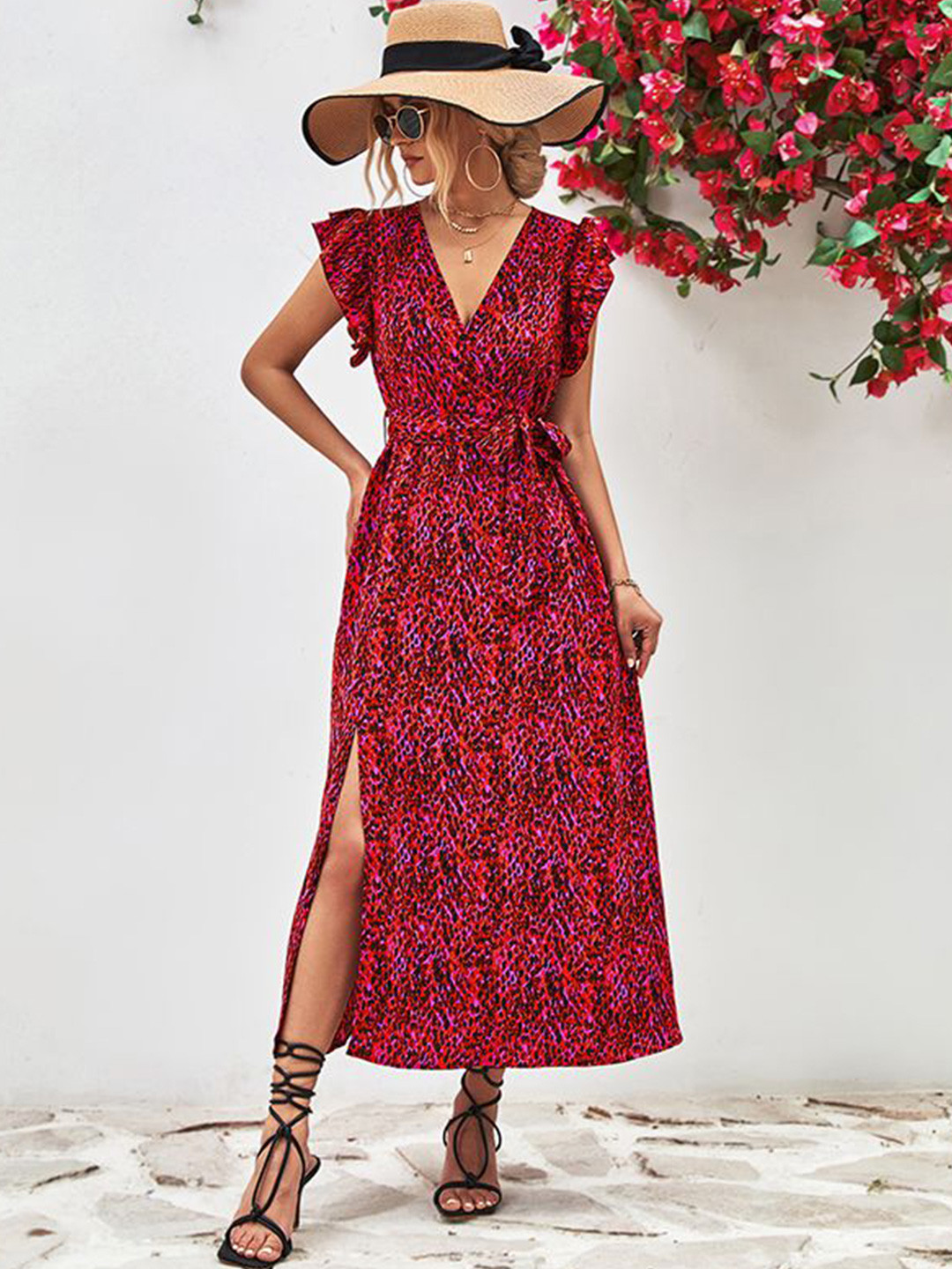 

StyleCast x Revolte Animal Print Flutter Sleeve Maxi Dress, Red