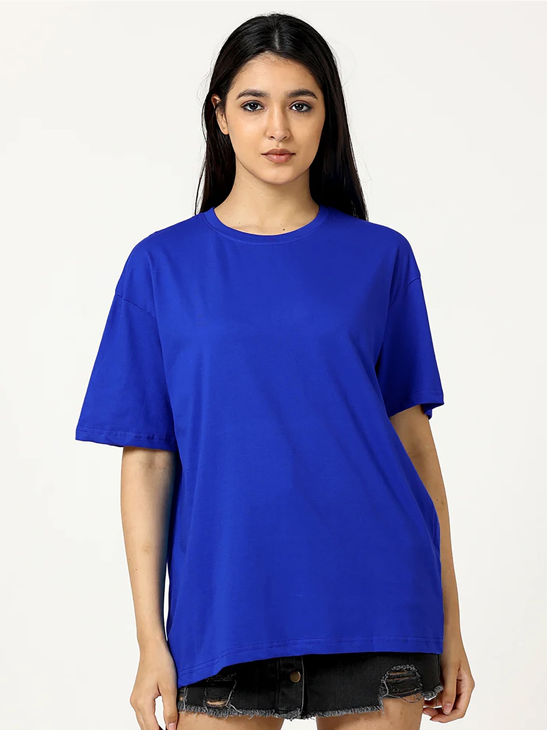 

MISCHIEF MONKEY Women Solid Drop-Shoulder Sleeves T-shirt, Blue