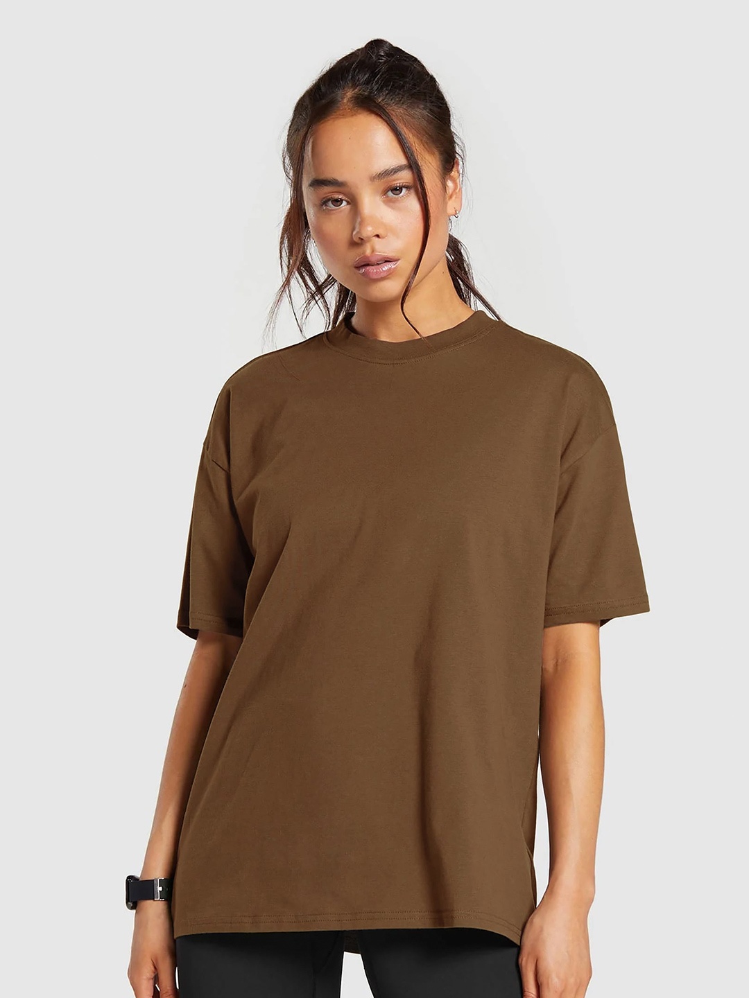 

MISCHIEF MONKEY Women Solid Drop-Shoulder Sleeves T-shirt, Brown