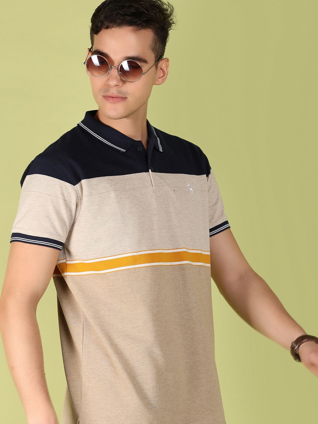 

V-Mart Men Striped Polo Collar Pockets T-shirt, Brown