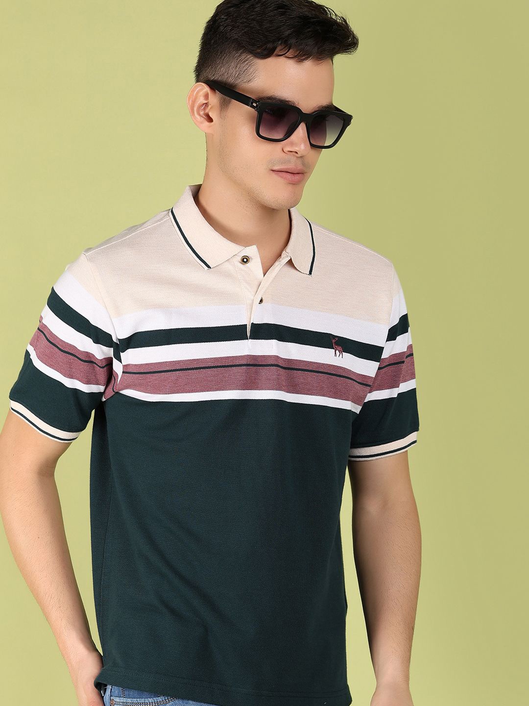 

V-Mart Men Striped Polo Collar Pockets T-shirt, Green
