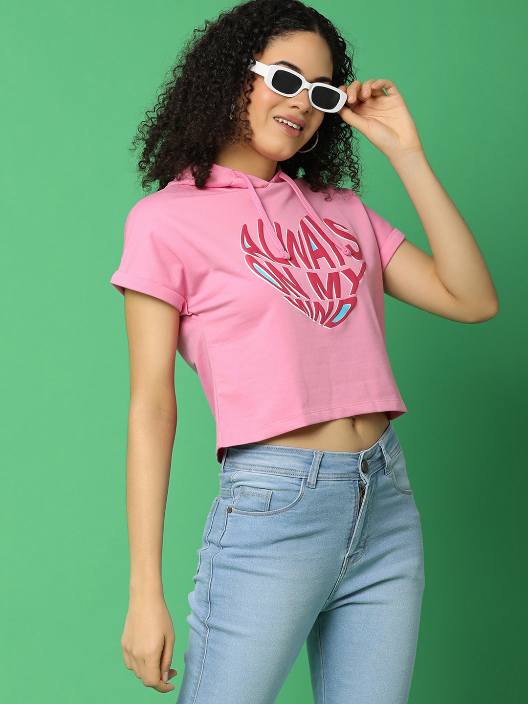 V-Mart Women Typography Printed V-Neck Applique T-shirt, Pink