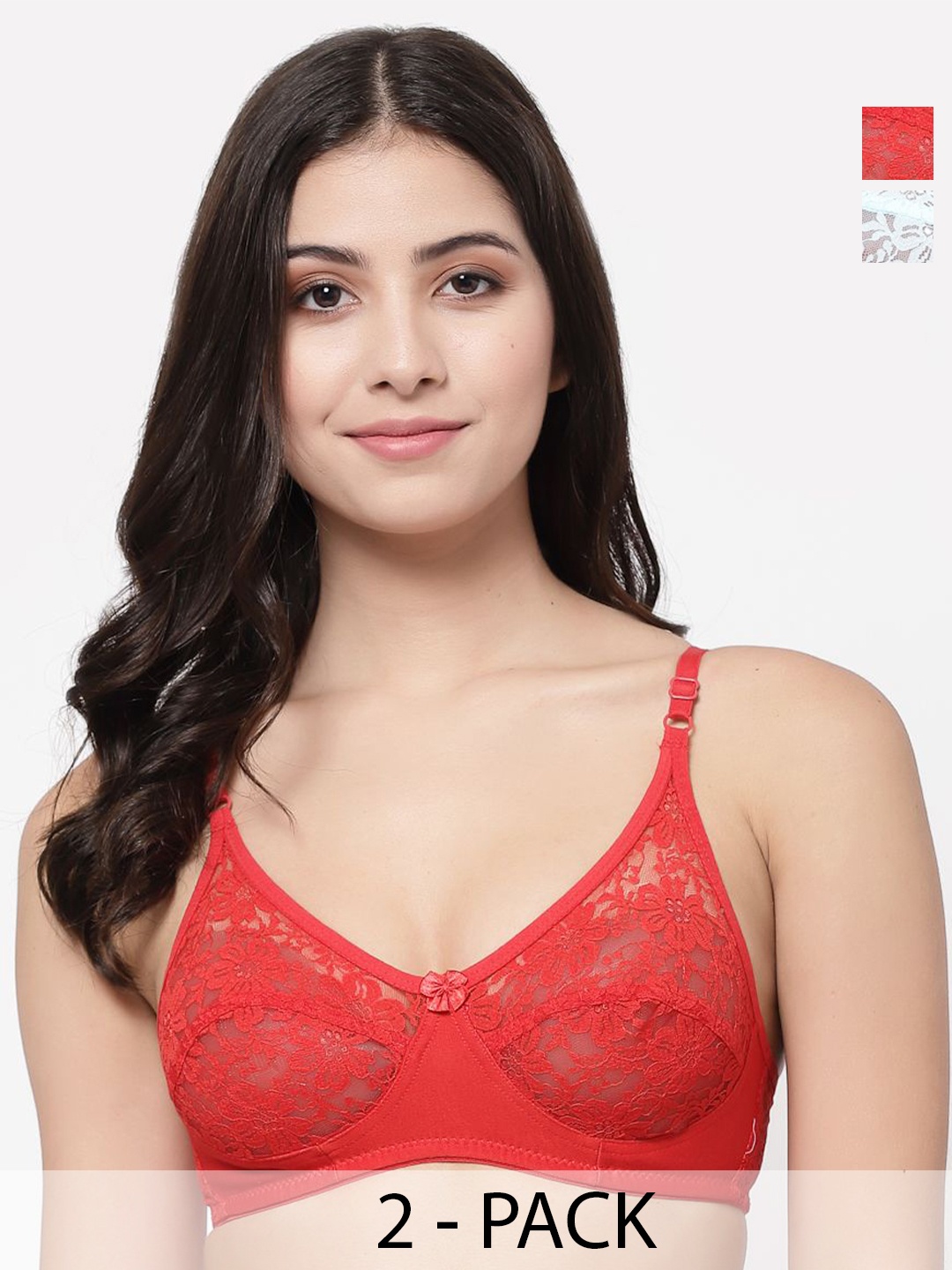 

Docare Woven Floral Bralette Full Coverage Self Design Bra, Red