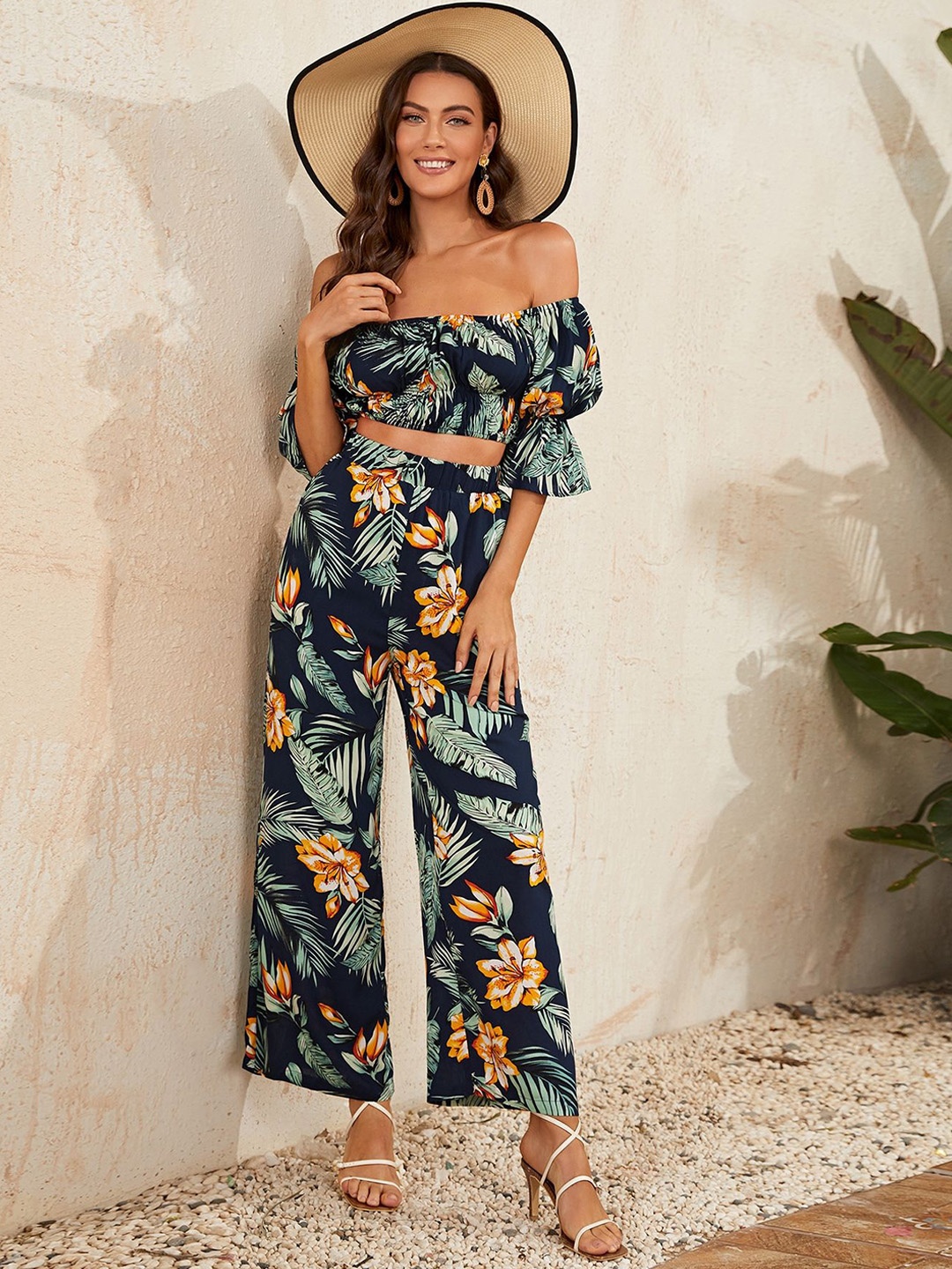 

Stylecast X Kotty Floral Printed Top & Trousers Co-Ords Set, Navy blue