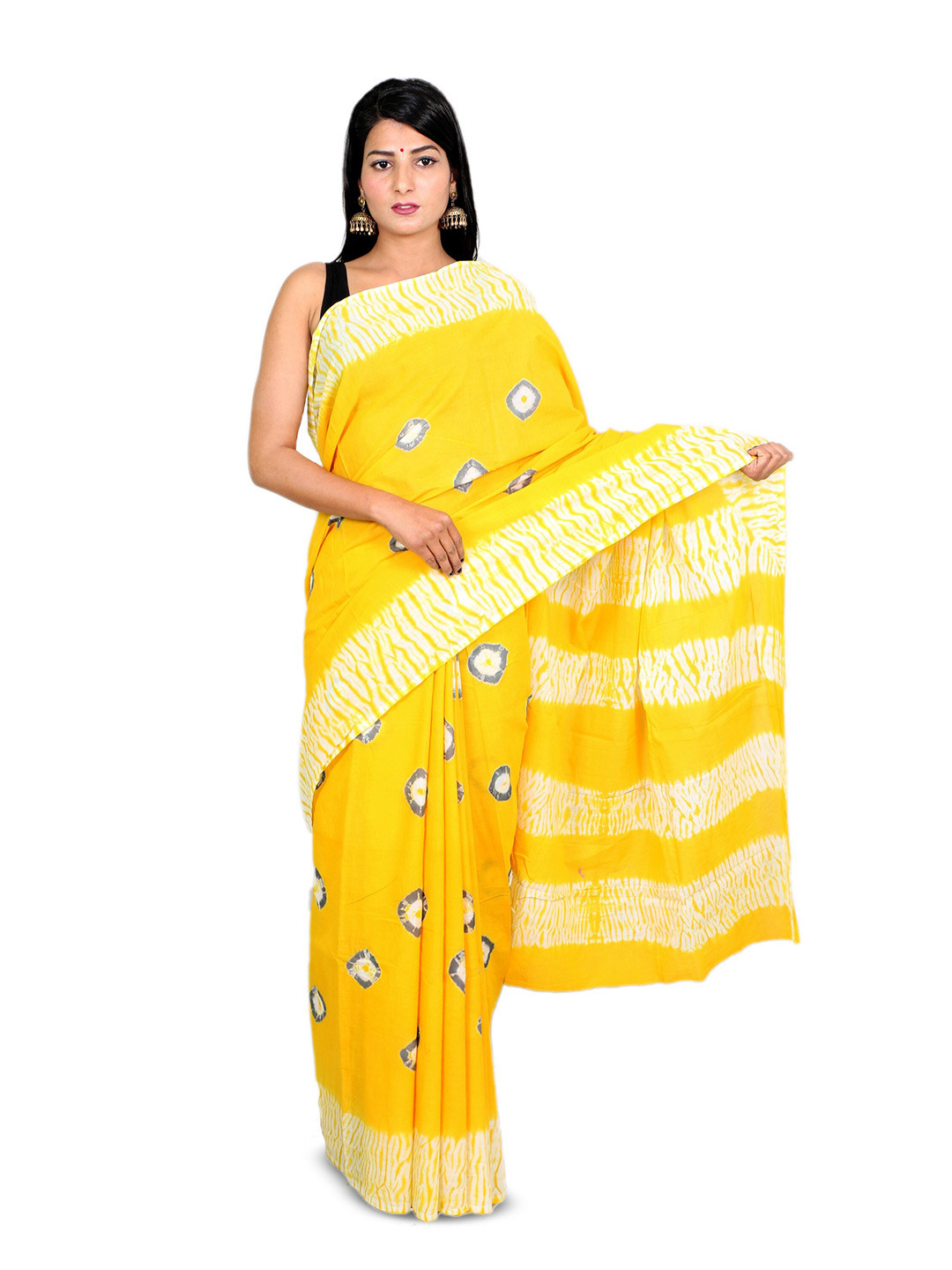 

THE FAMILIAR HANDICRAFTS Bandhani Mirror Work Pure Cotton Ikat Saree, Yellow
