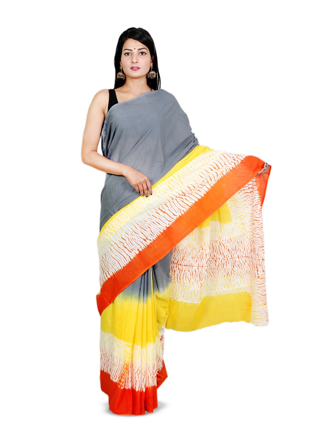 

THE FAMILIAR HANDICRAFTS Tie and Dye Pure Cotton Ikat Saree, Grey