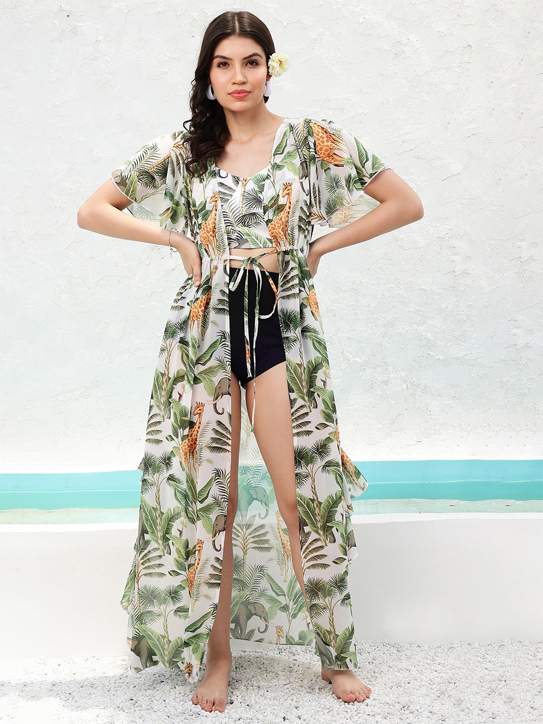 

Athena Floral Printed V-Neck Maxi Swimwear Cover up Top, White