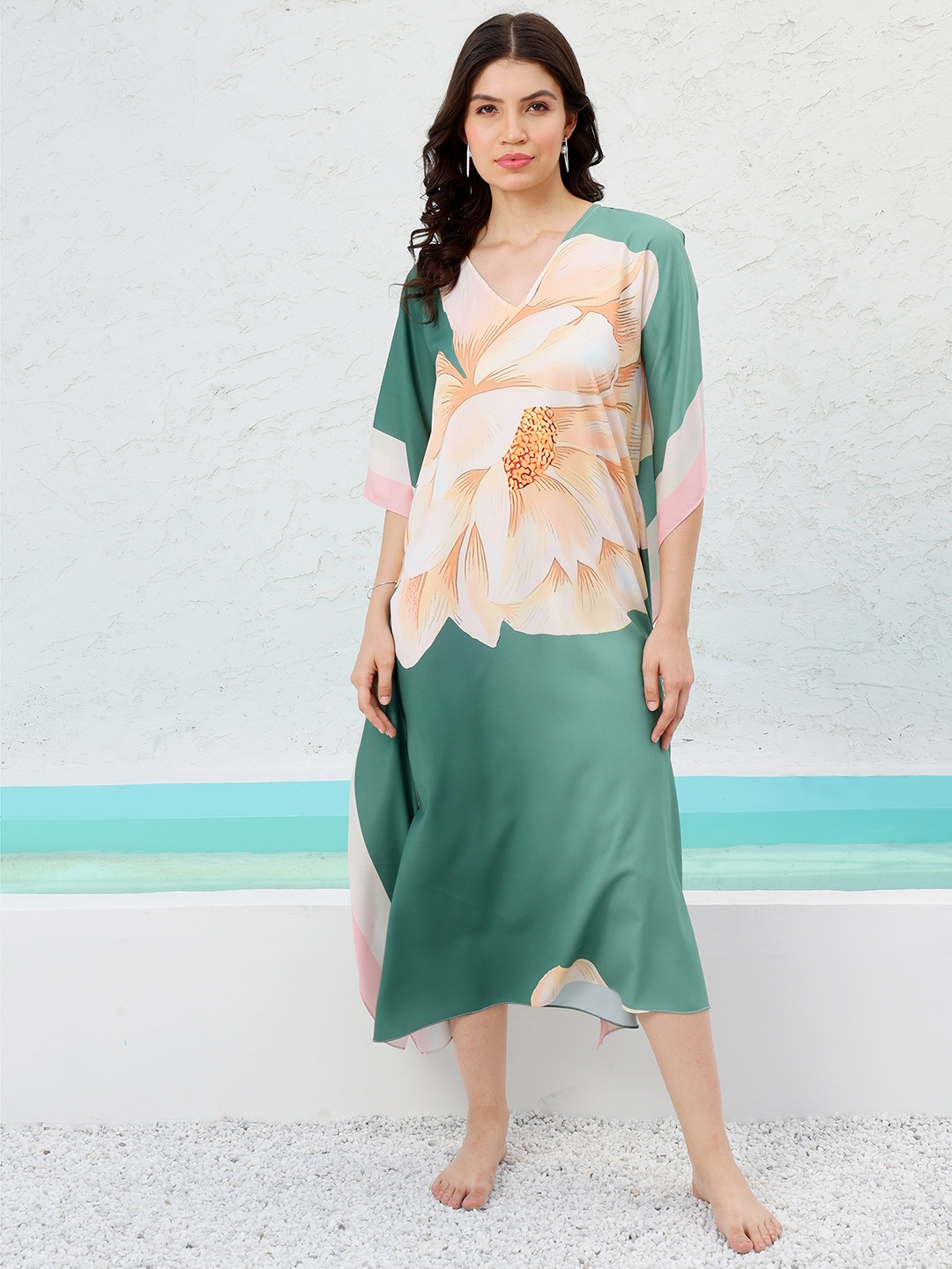 

Athena Floral Printed V-Neck Kaftan Swimwear Cover up Top, Green