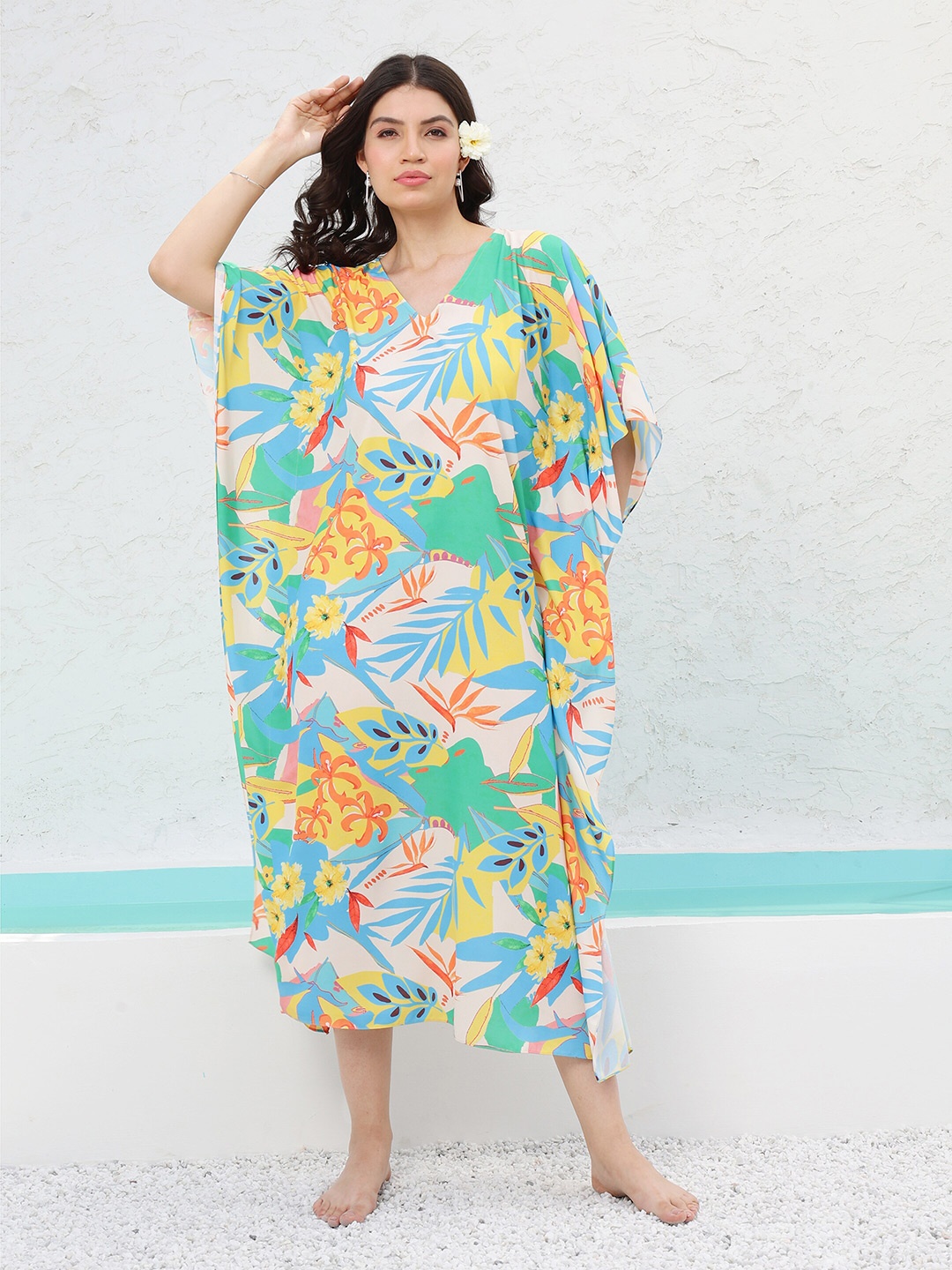 

Athena Floral Printed V-Neck Kaftan Midi Swimwear Cover up Top, Green