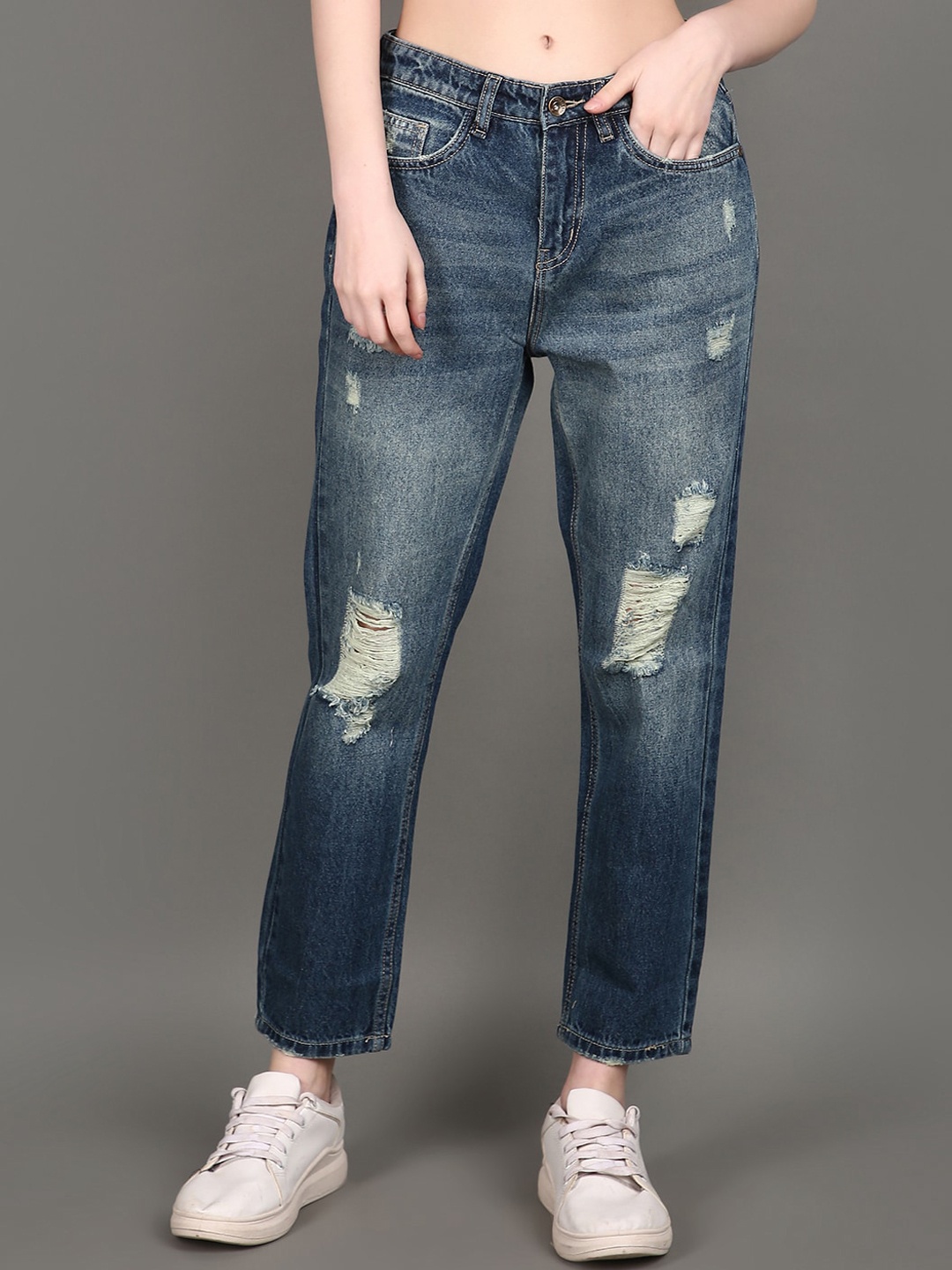 

V-Mart Women High-Rise Mildly Distressed Light Fade Jeans, Blue