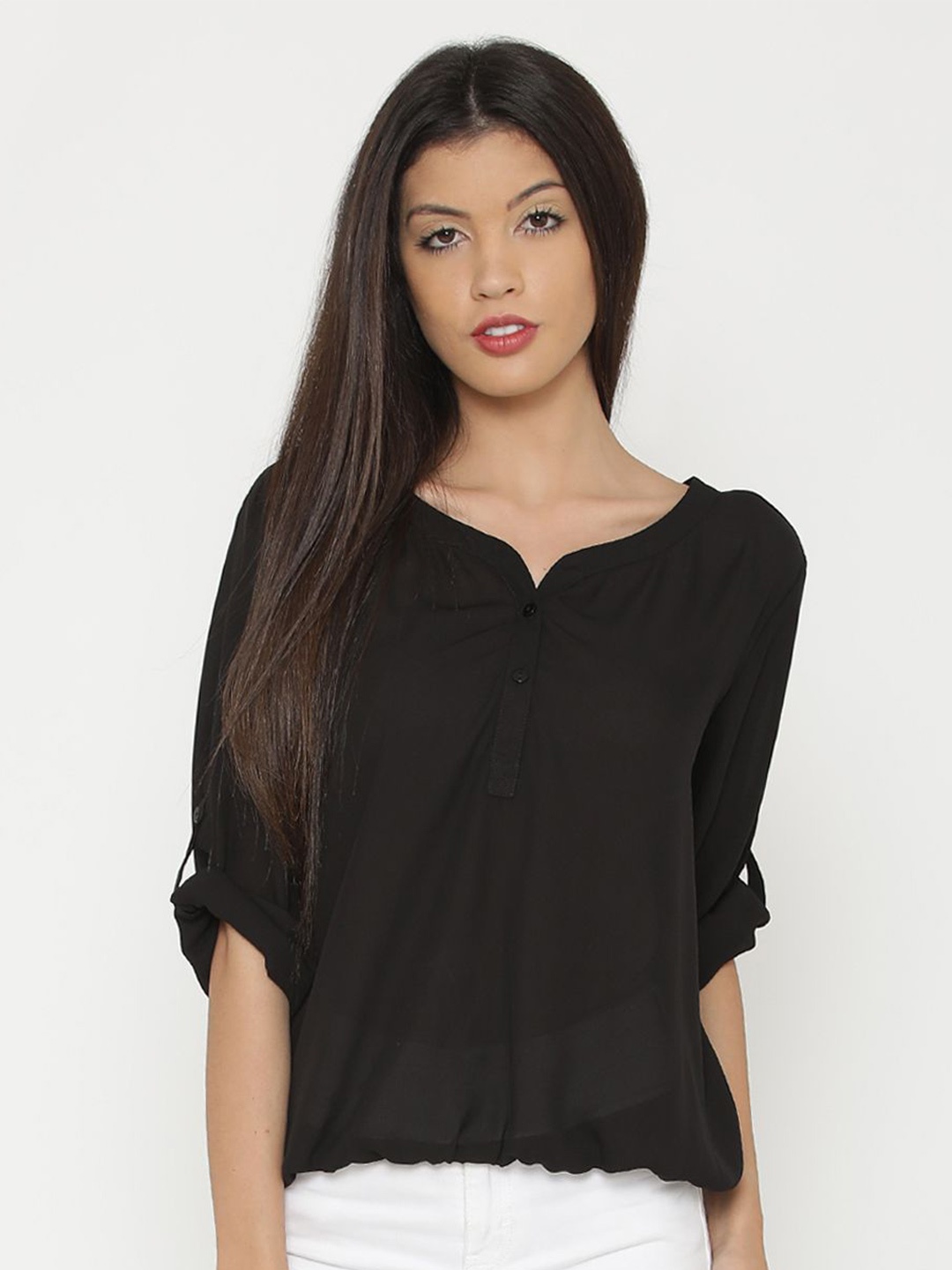 

Yaadleen Women Roll-Up Sleeves Blouson Top, Black