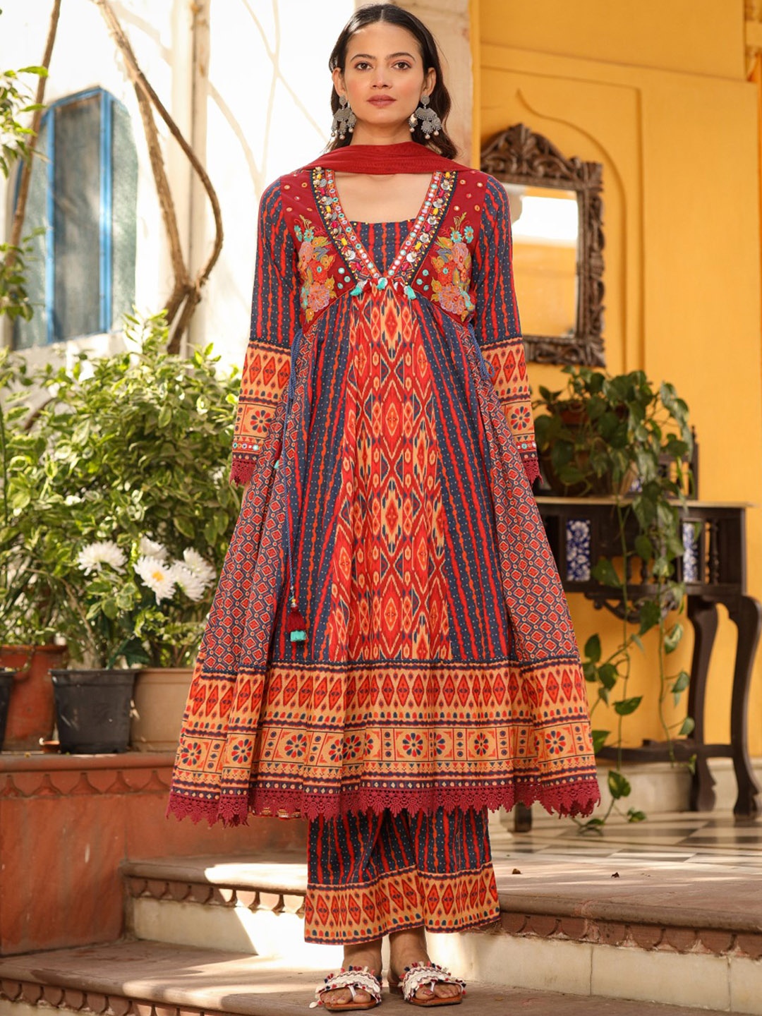 

Juniper Women Ethnic Motifs Printed Regular Kurta with Trousers & With Dupatta, Rust