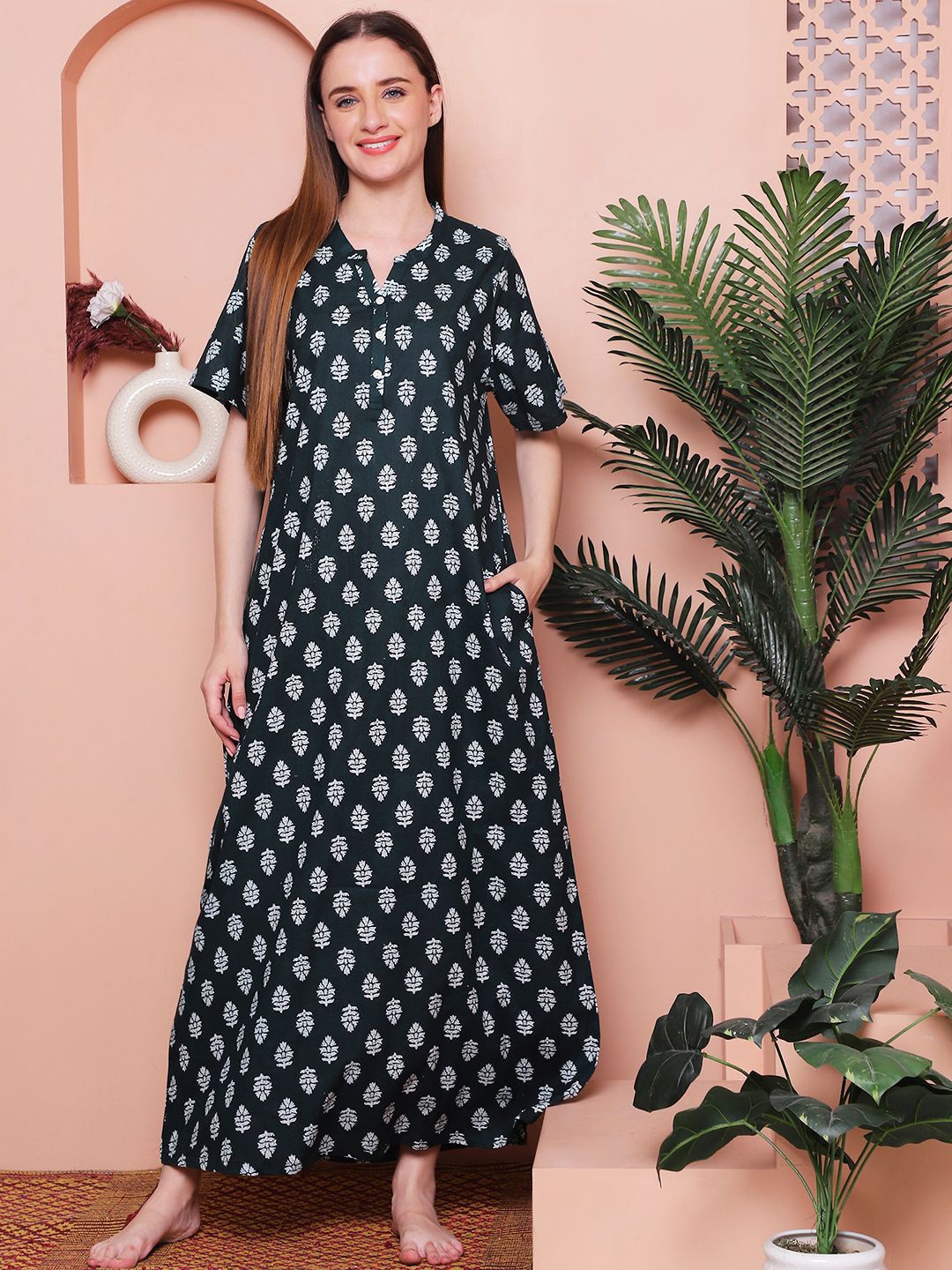 

Indreams Printed Pure Cotton Maxi Nightdress, Green