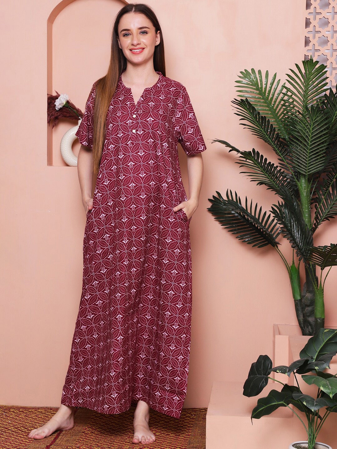 

Indreams Printed Pure Cotton Maxi Nightdress, Red