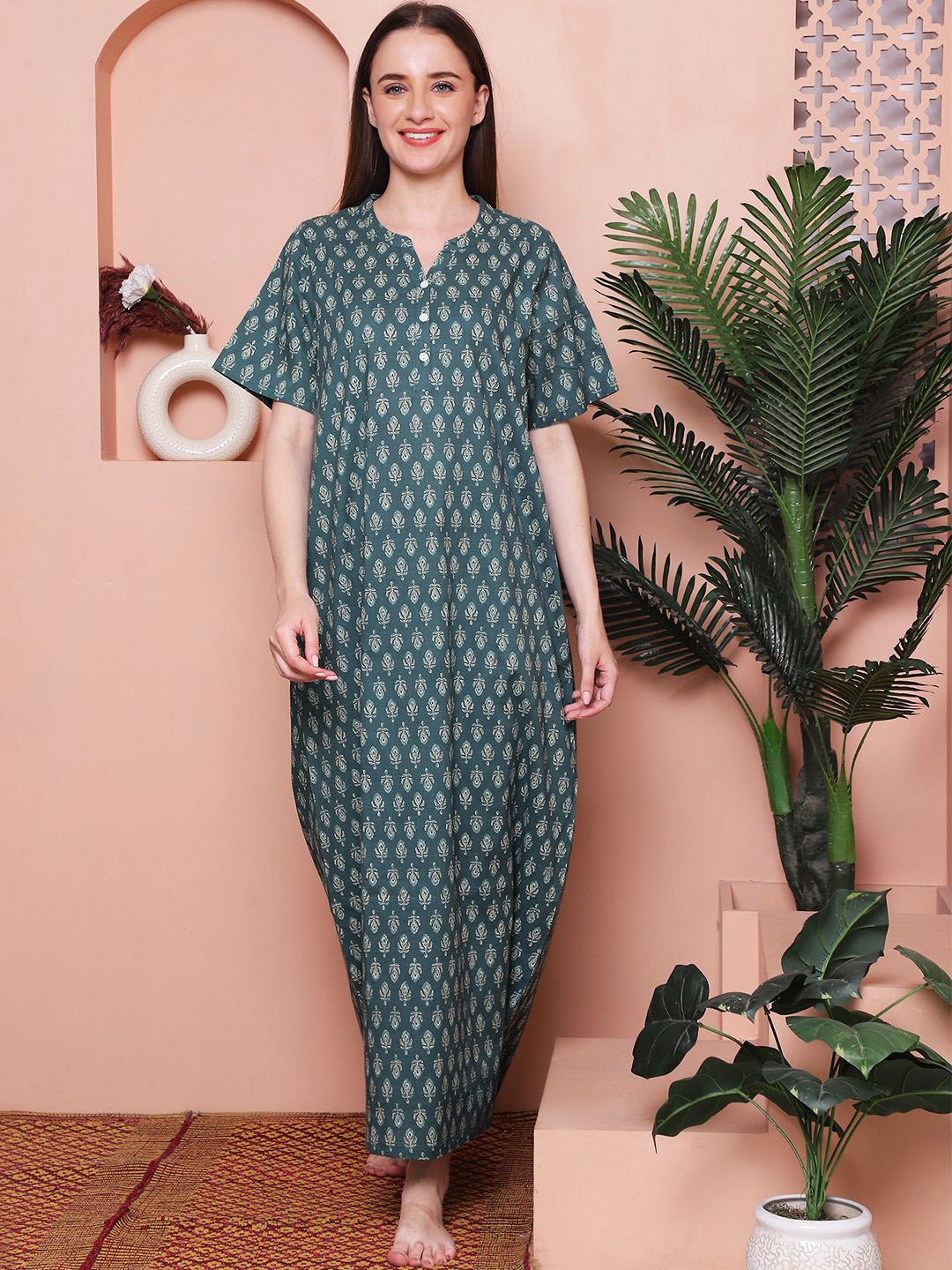 

Indreams Printed Pure Cotton Maxi Nightdress, Green