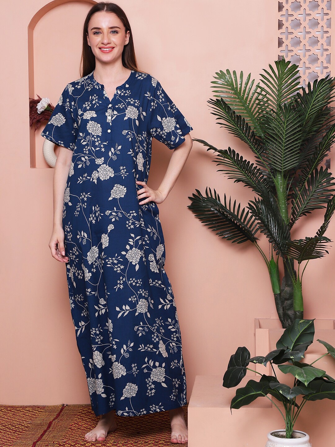 

Indreams Printed Pure Cotton Maxi Nightdress, Blue