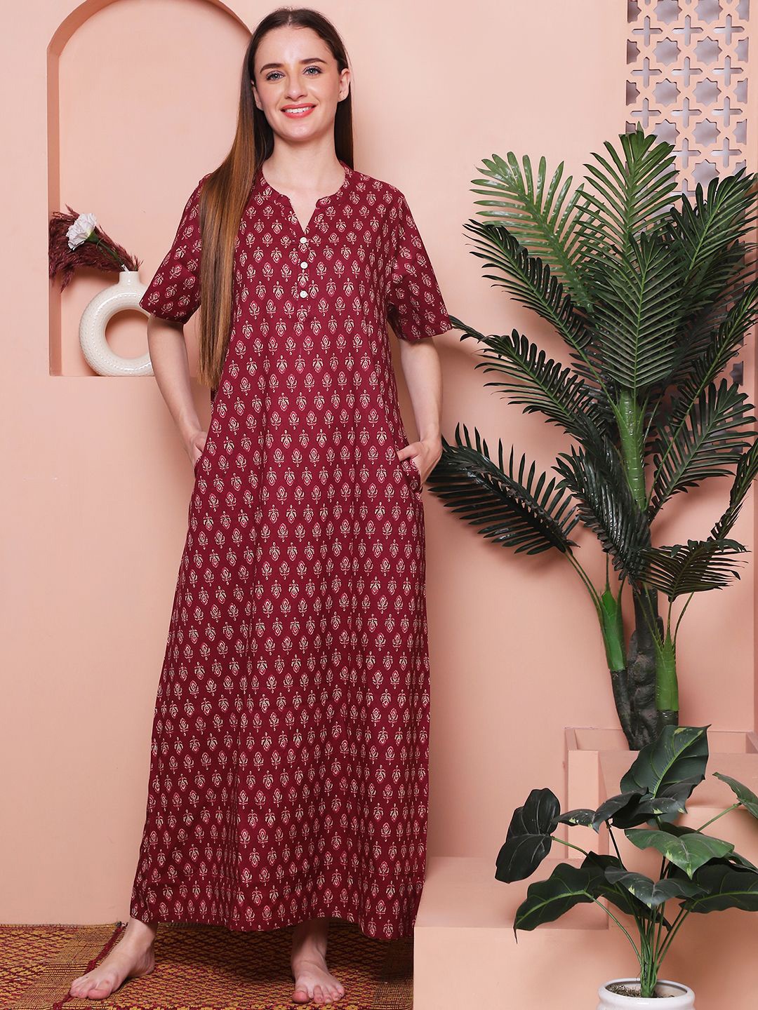 

Indreams Printed Pure Cotton Maxi Nightdress, Red