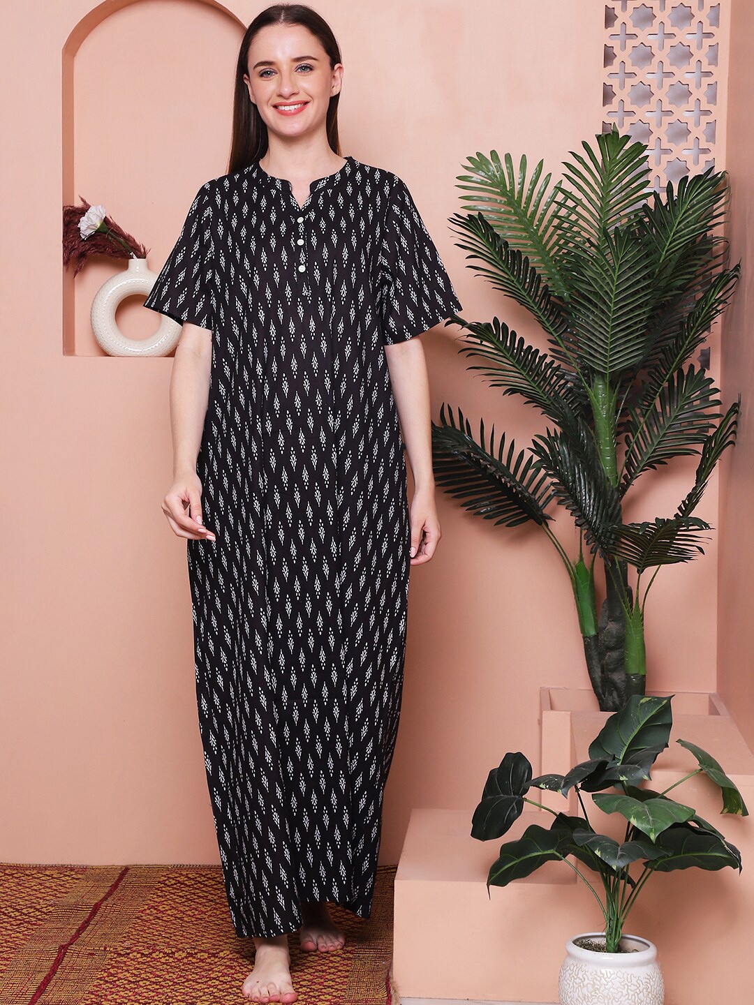 

Indreams Printed Pure Cotton Maxi Nightdress, Black