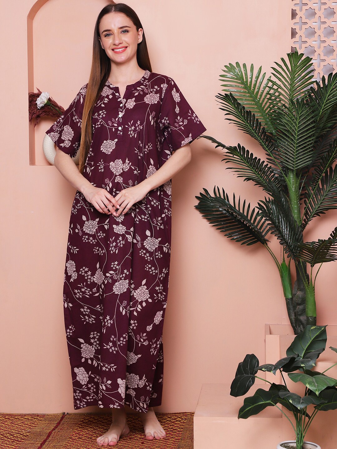 

Indreams Printed Pure Cotton Maxi Nightdress, Maroon